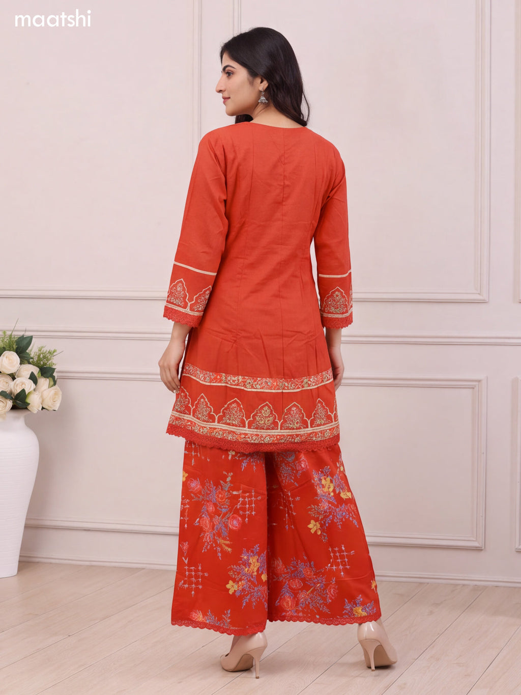 Rust Cotton Printed & Embroidery Work Short Anarkali Suit