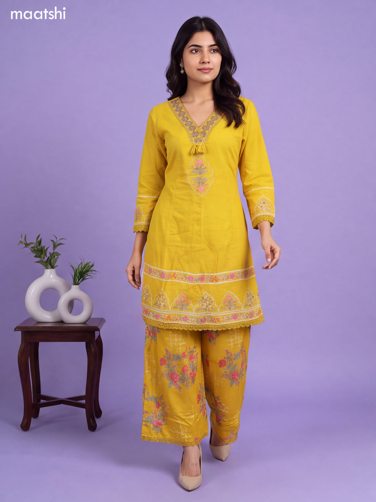 Mustard Cotton Printed & Embroidery Work Short Anarkali Suit