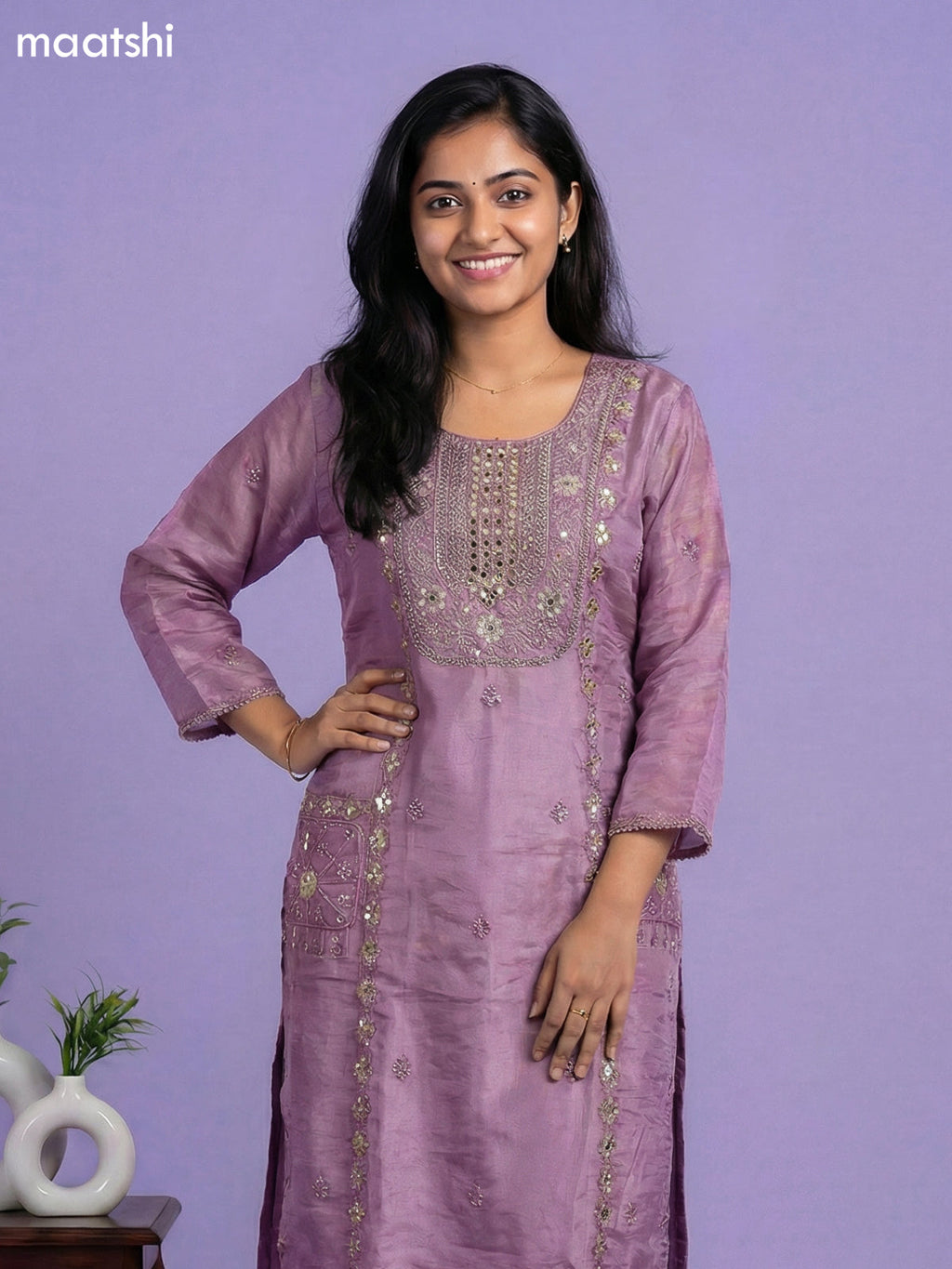 Purple Tissue Embroidery Work Straight Suit