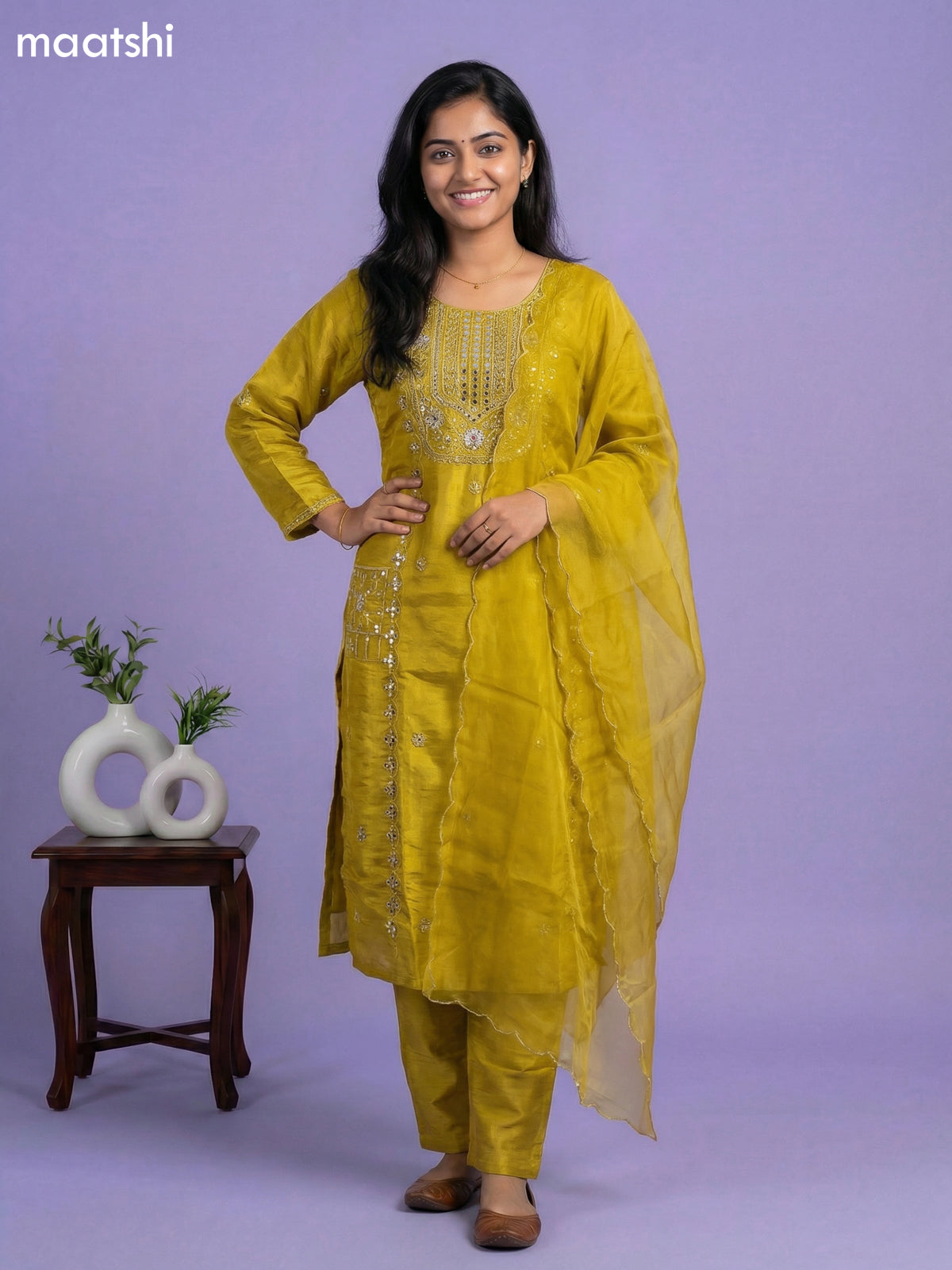 Lime Green Tissue Embroidery Work Straight Suit