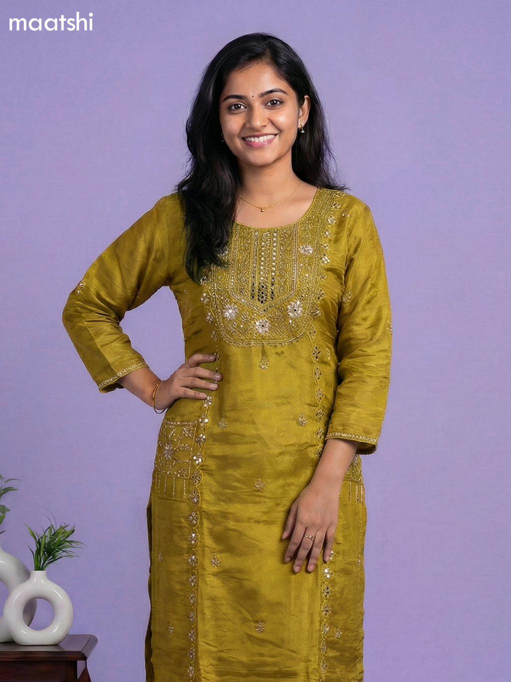 Lime Green Tissue Embroidery Work Straight Suit