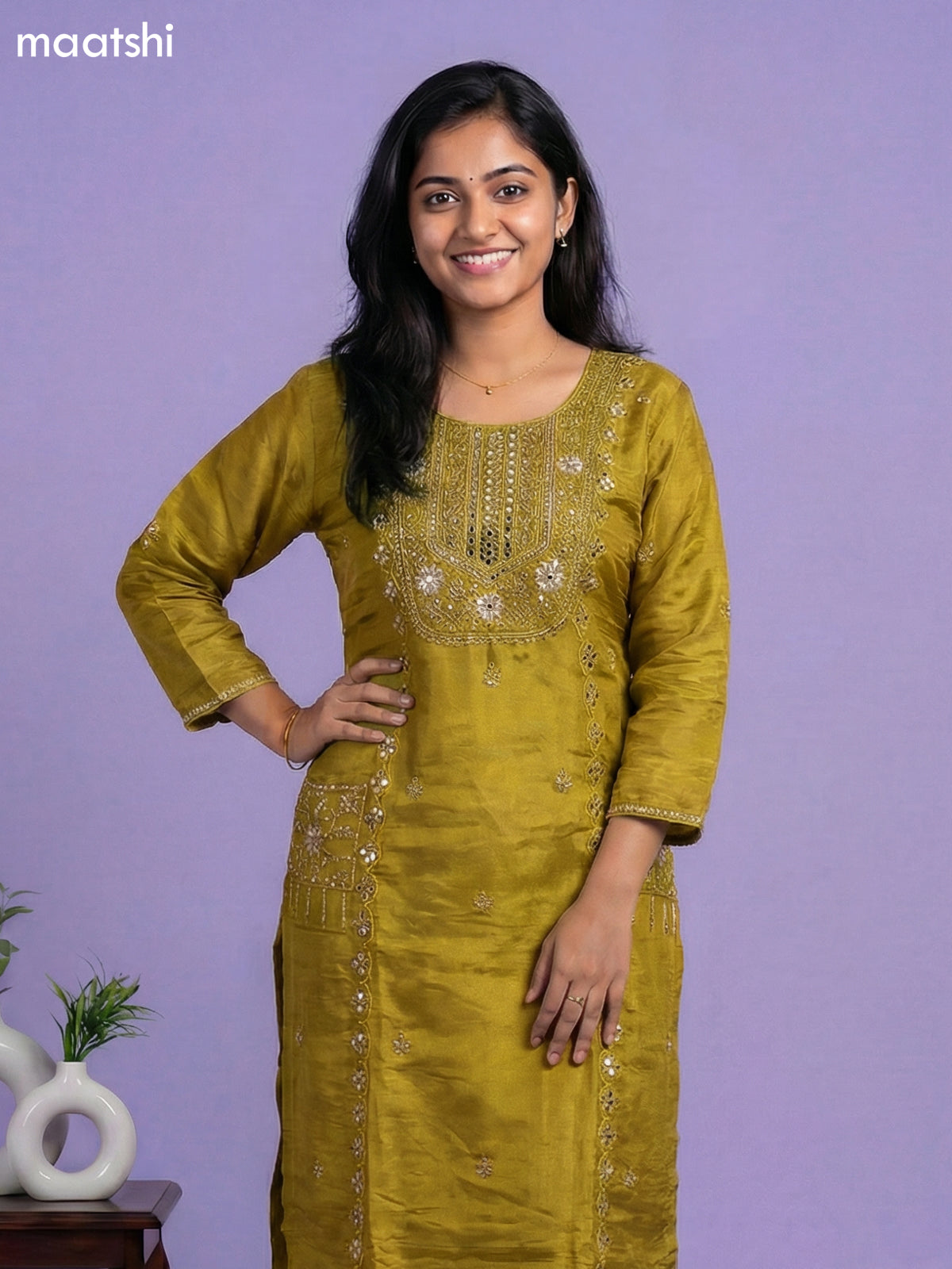Lime Green Tissue Embroidery Work Straight Suit