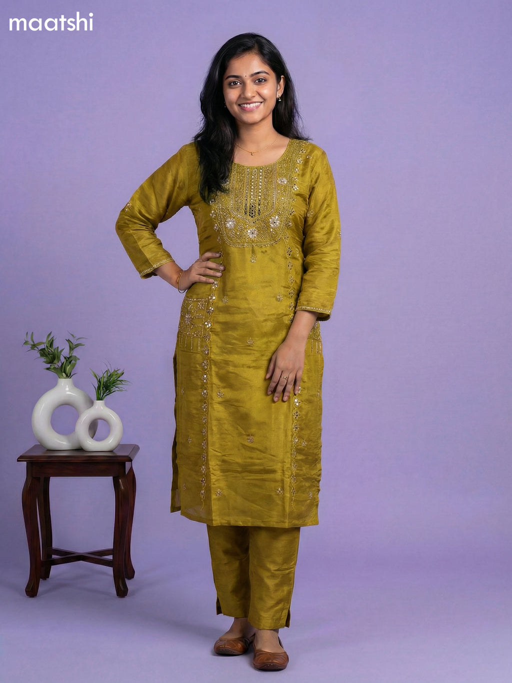 Lime Green Tissue Embroidery Work Straight Suit