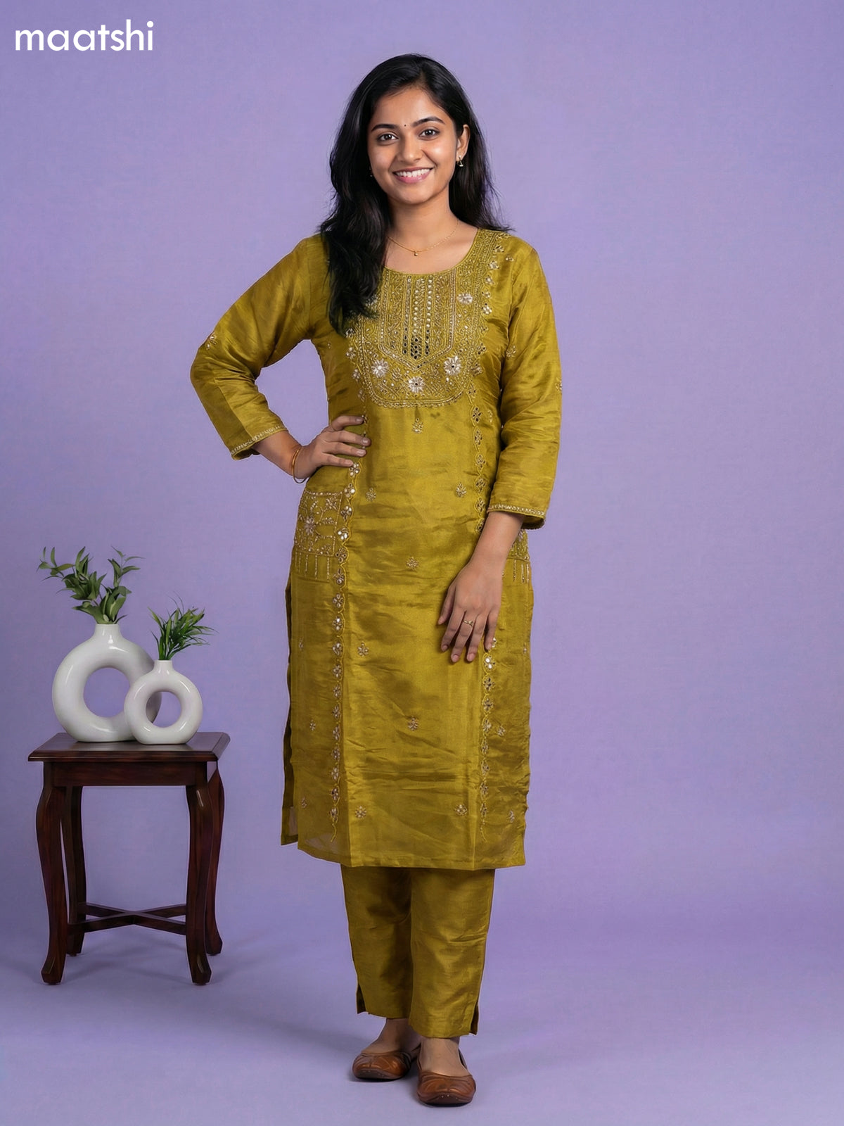 Lime Green Tissue Embroidery Work Straight Suit