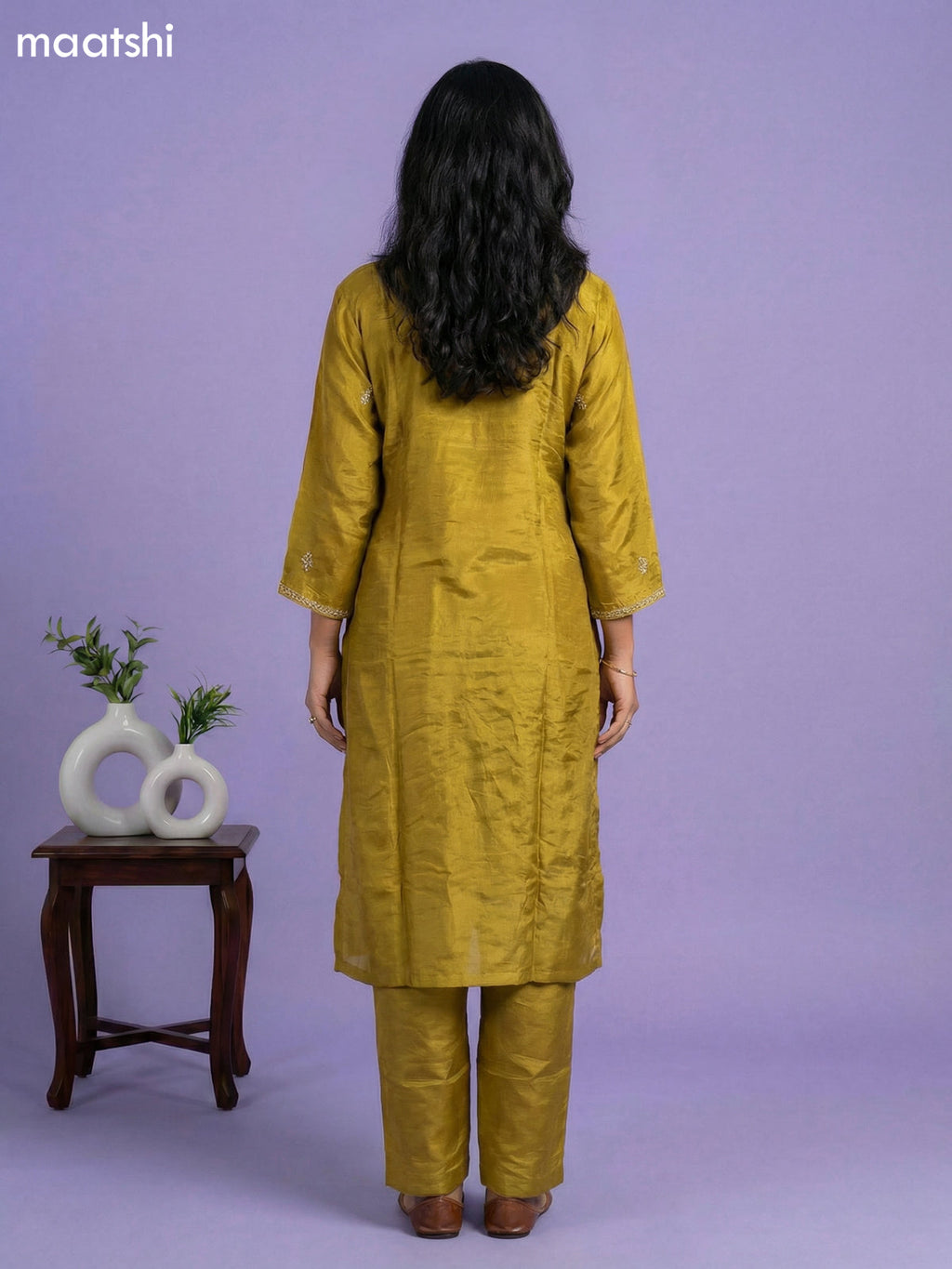 Lime Green Tissue Embroidery Work Straight Suit