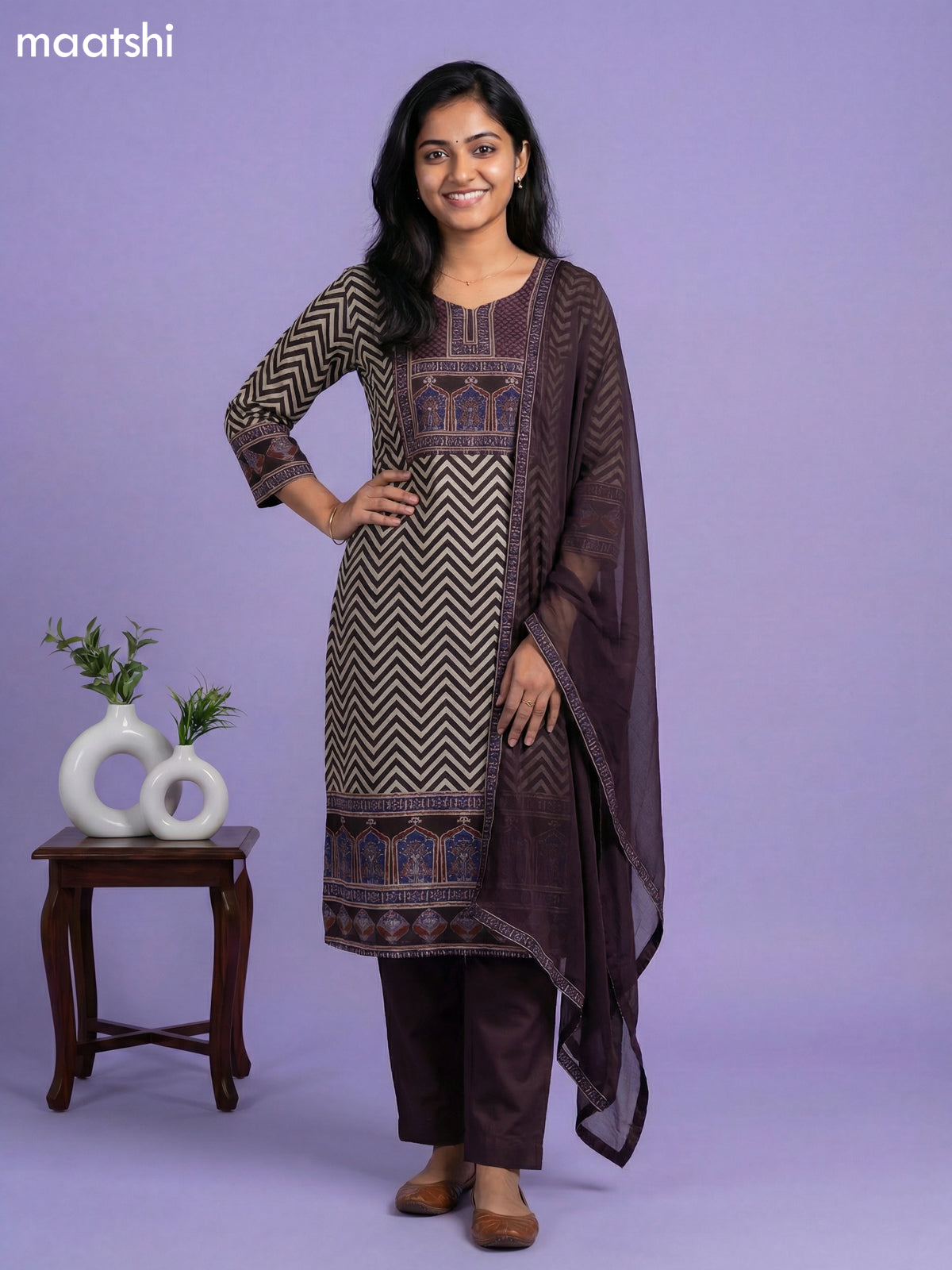 Deep Maroon and Beige Muslin Ajrakh Printed & Simple Embroidery Work Straight Suit