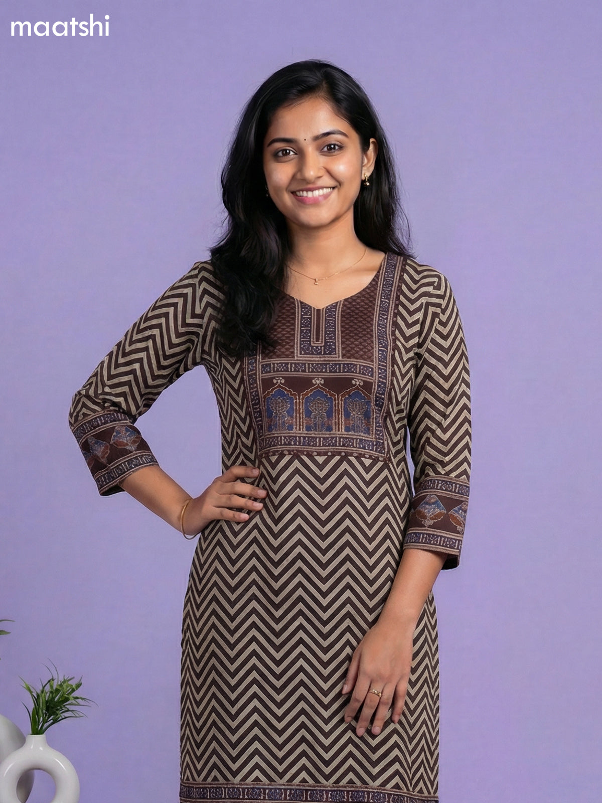 Deep Maroon and Beige Muslin Ajrakh Printed & Simple Embroidery Work Straight Suit