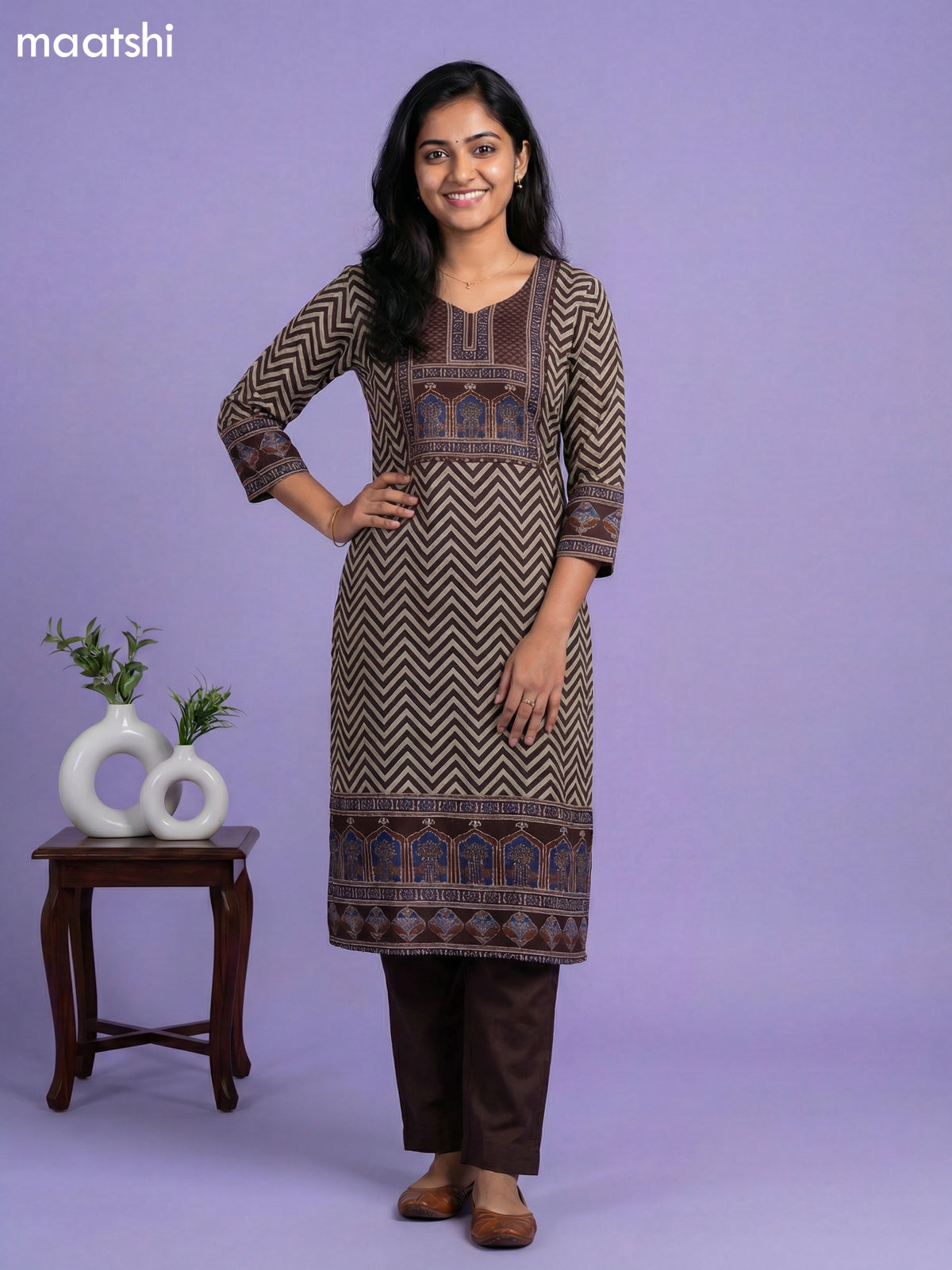 Deep Maroon and Beige Muslin Ajrakh Printed & Simple Embroidery Work Straight Suit