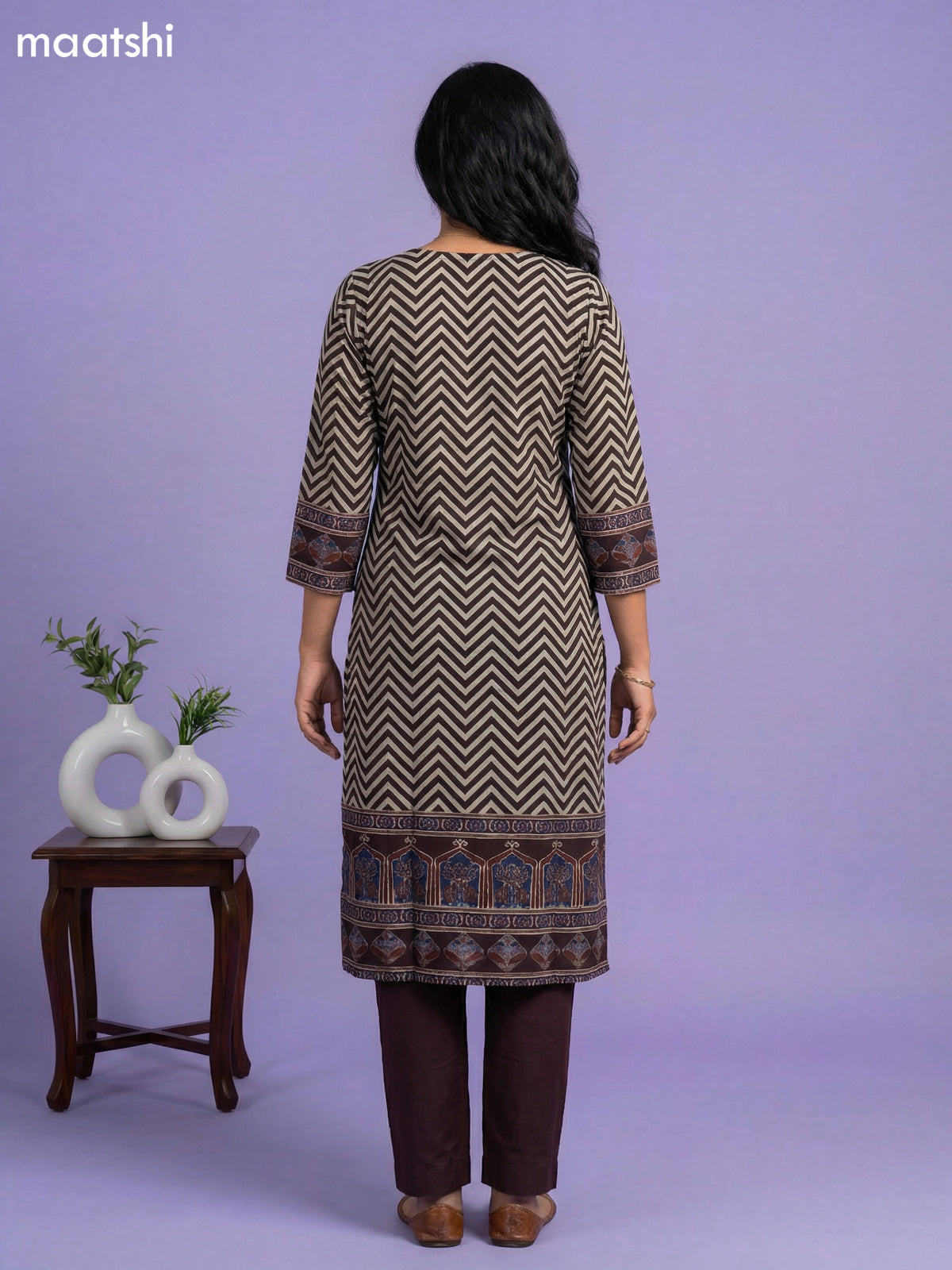 Deep Maroon and Beige Muslin Ajrakh Printed & Simple Embroidery Work Straight Suit