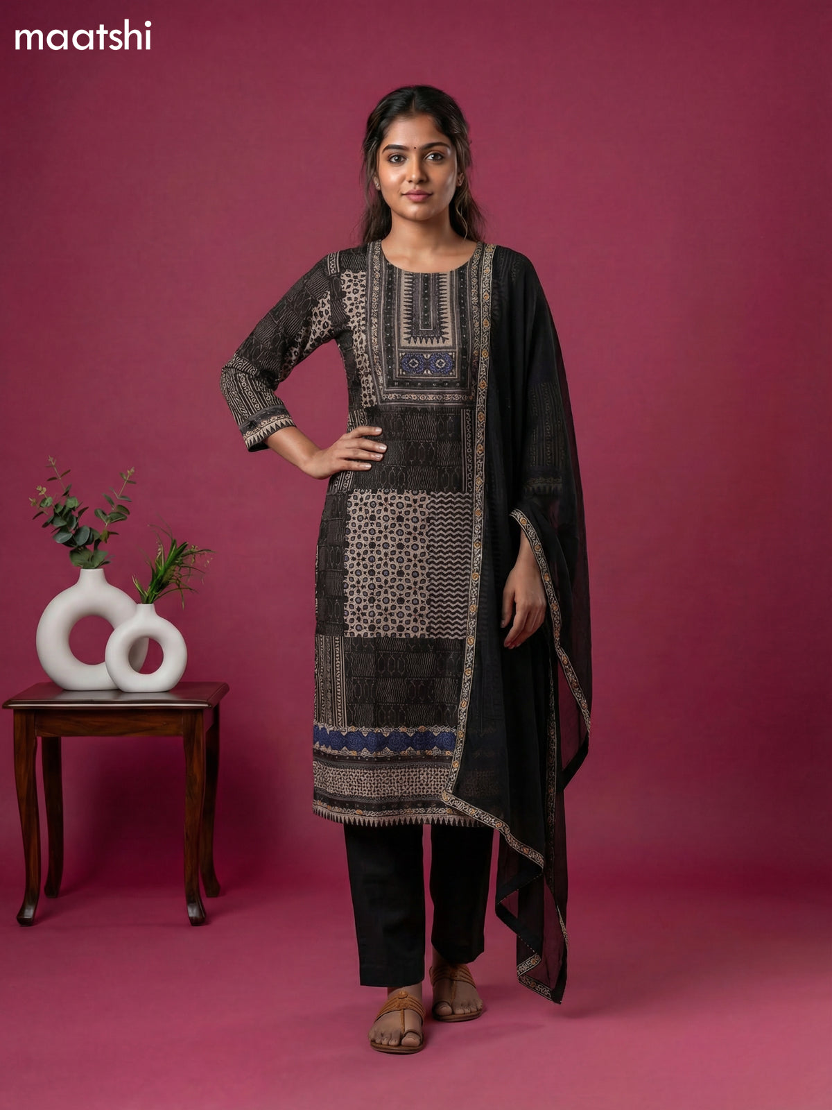 Black and Beige Muslin Printed & Simple Embroidery Work Straight Suit