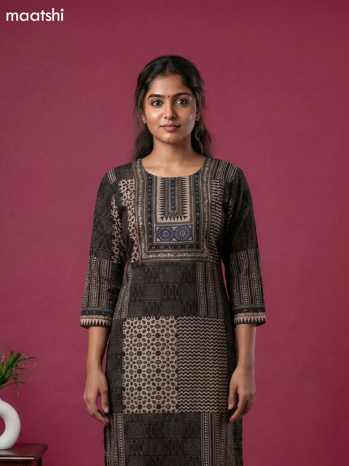 Black and Beige Muslin Printed & Simple Embroidery Work Straight Suit