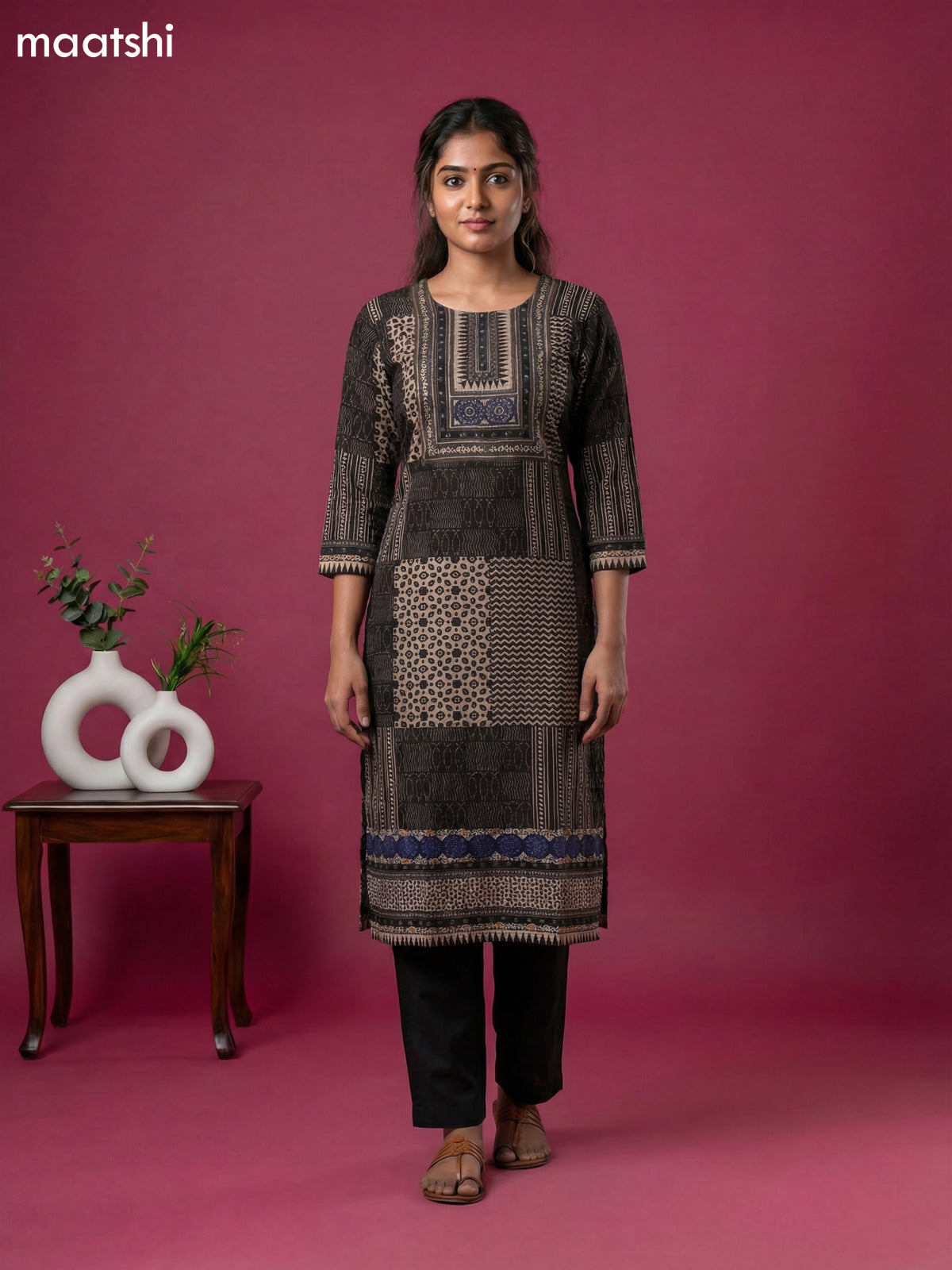 Black and Beige Muslin Printed & Simple Embroidery Work Straight Suit