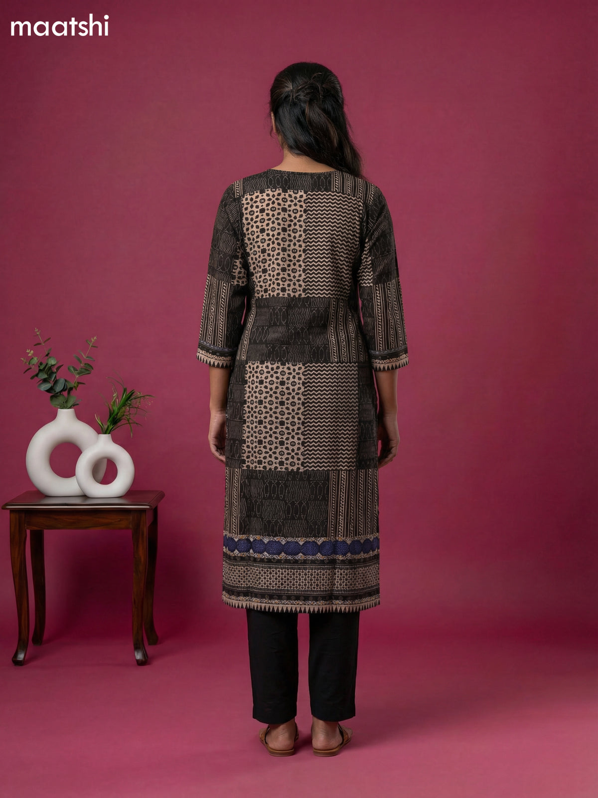 Black and Beige Muslin Printed & Simple Embroidery Work Straight Suit