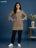 Beige and Brown Cotton Printed & Simple Embroidery Work Short Kurti