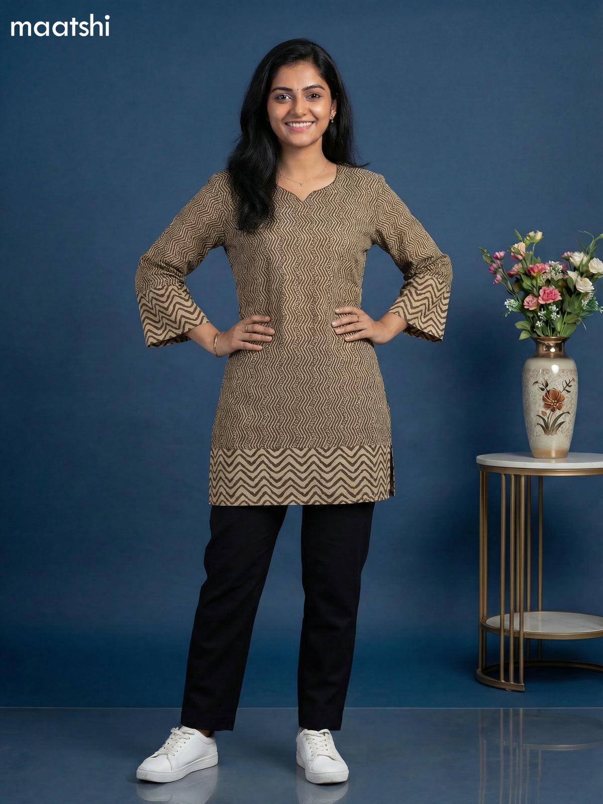 Beige and Brown Cotton Printed & Simple Embroidery Work Short Kurti