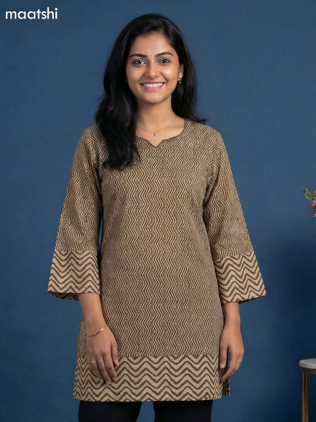 Beige and Brown Cotton Printed & Simple Embroidery Work Short Kurti
