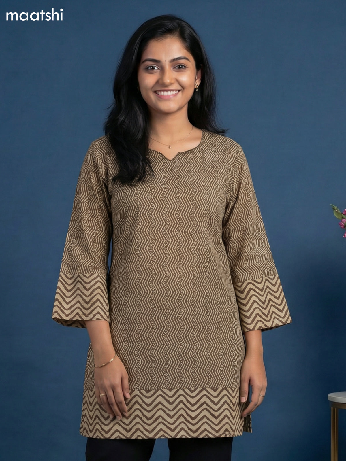 Beige and Brown Cotton Printed & Simple Embroidery Work Short Kurti