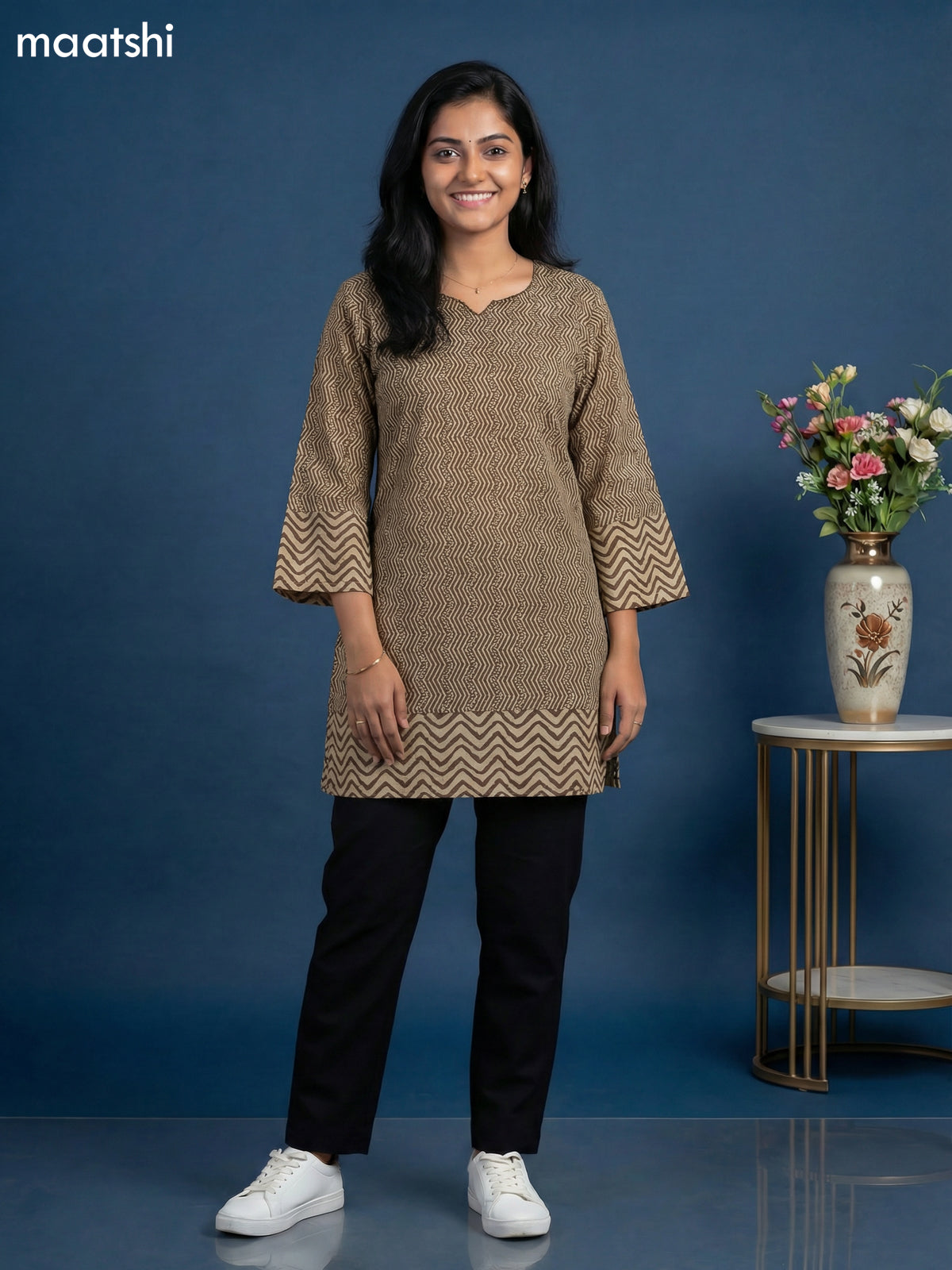 Beige and Brown Cotton Printed & Simple Embroidery Work Short Kurti