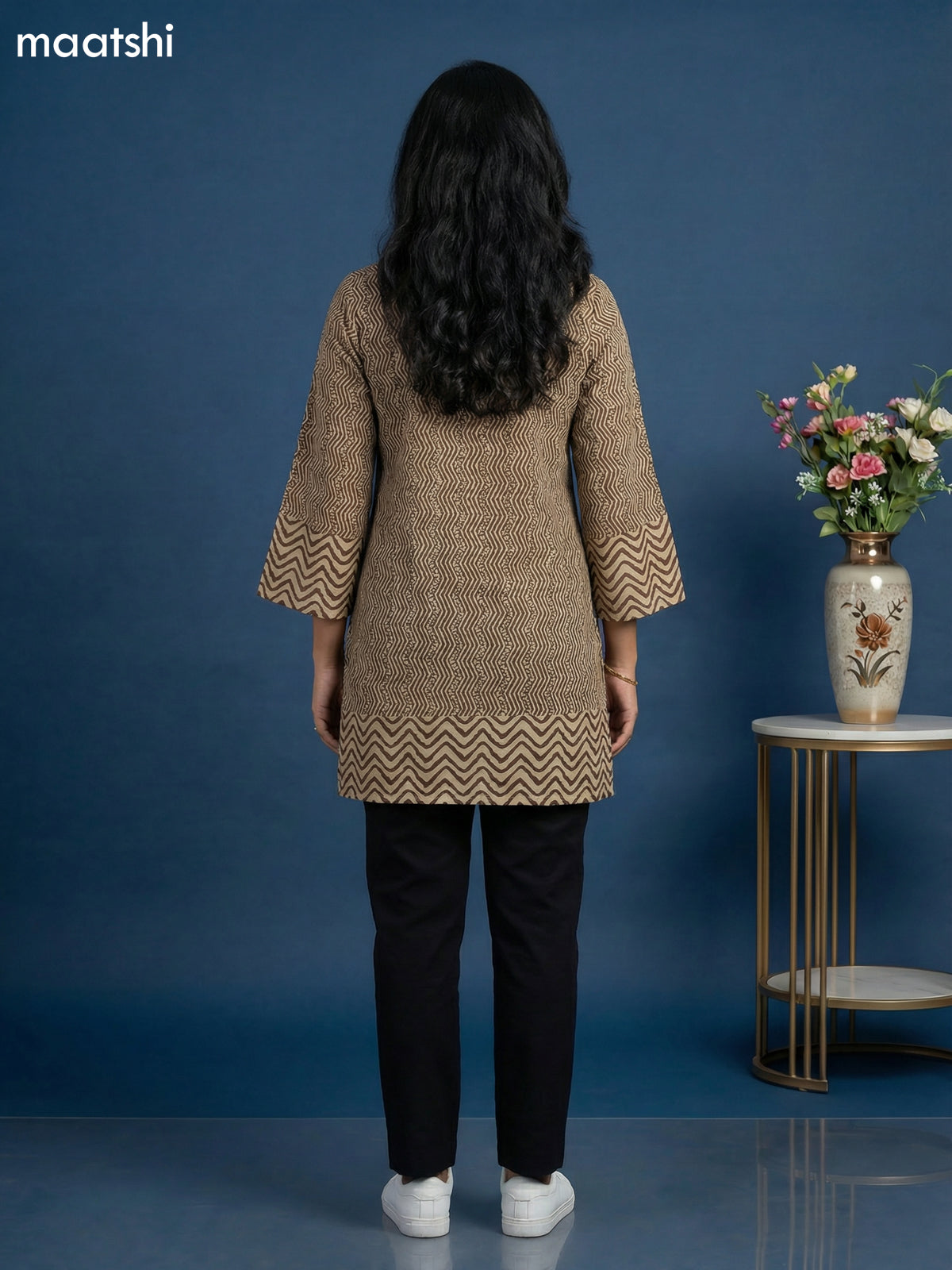 Beige and Brown Cotton Printed & Simple Embroidery Work Short Kurti