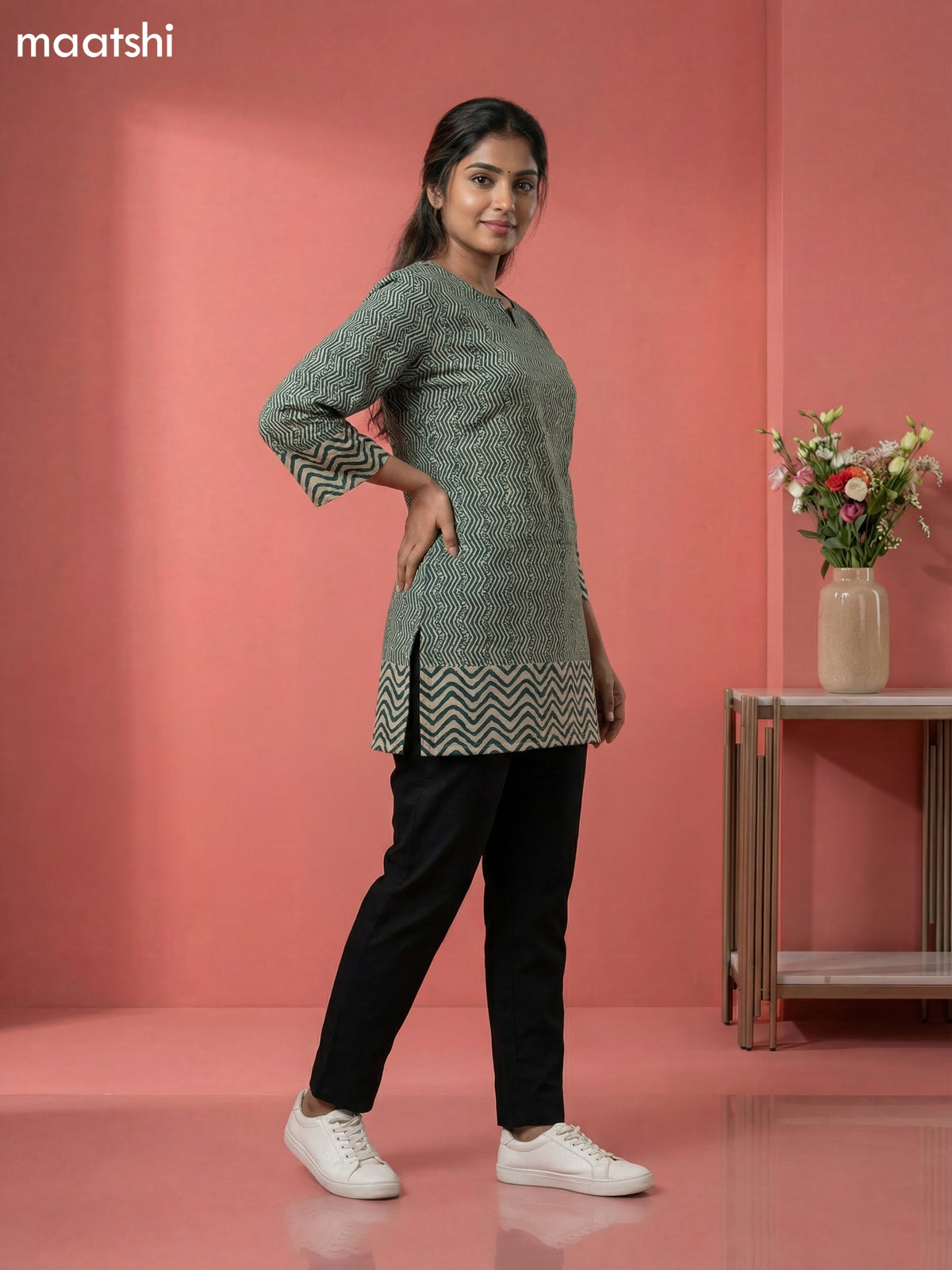 Beige and Green Cotton Printed & Simple Embroidery Work Short Kurti