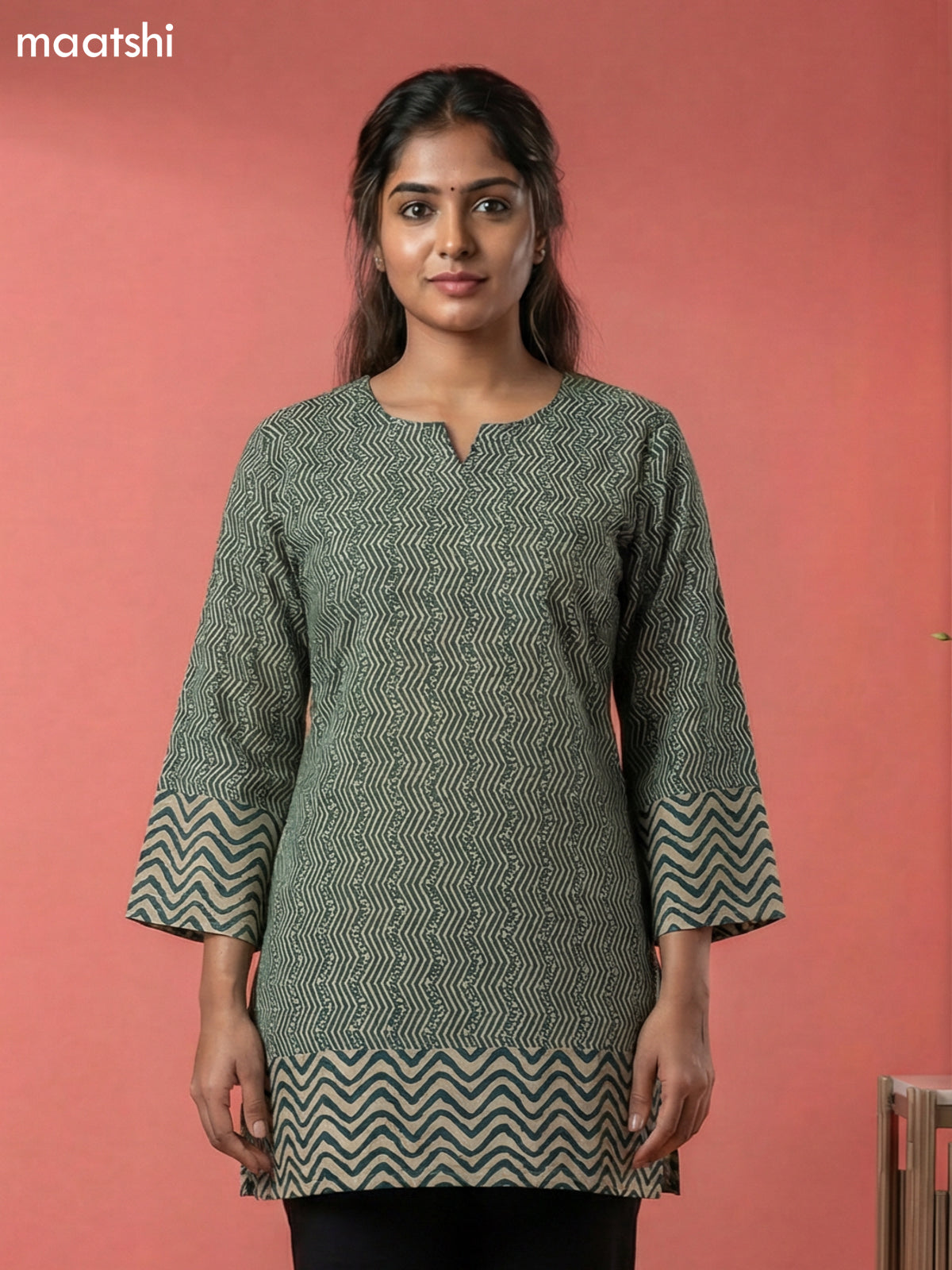 Beige and Green Cotton Printed & Simple Embroidery Work Short Kurti