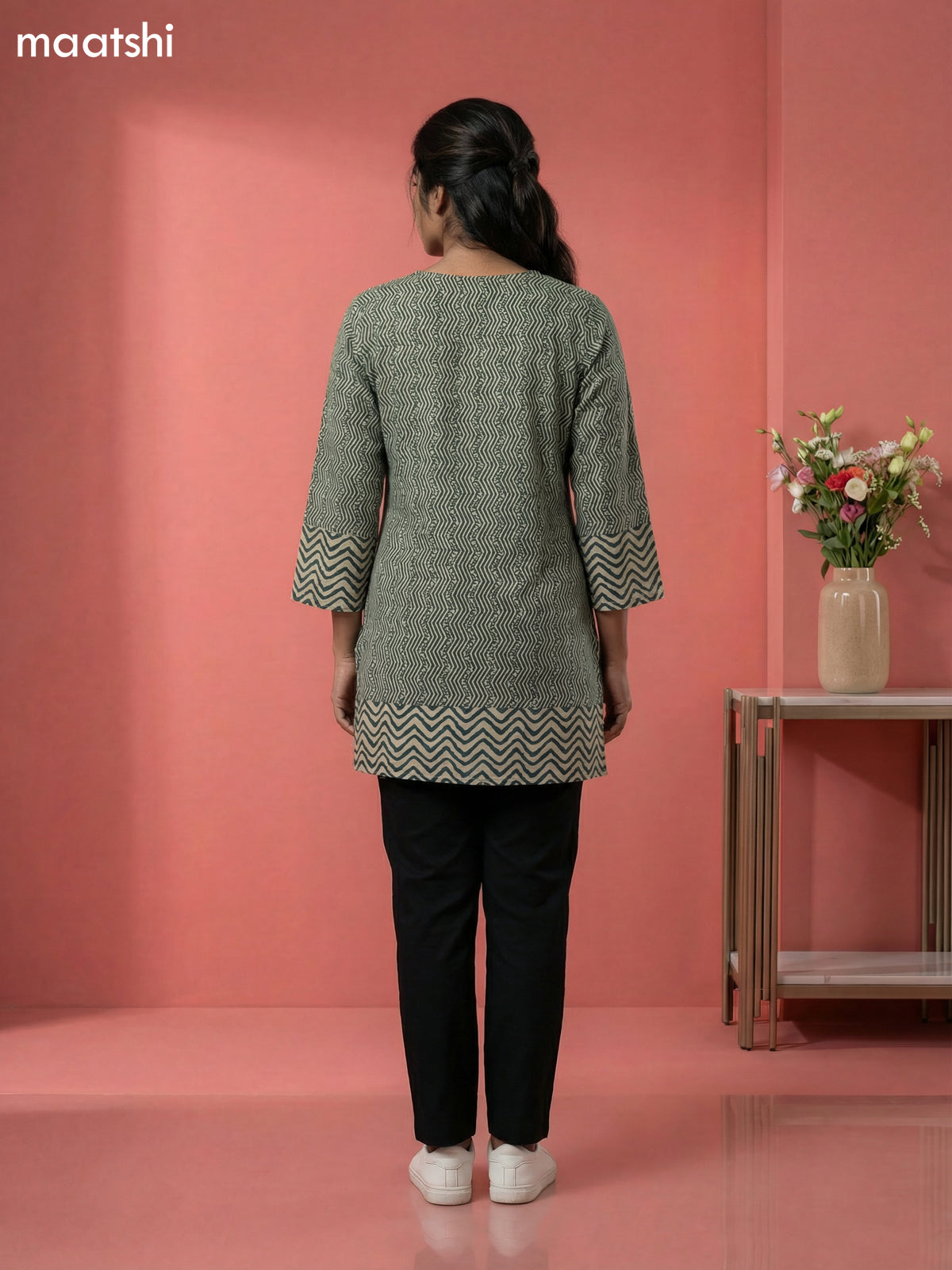 Beige and Green Cotton Printed & Simple Embroidery Work Short Kurti