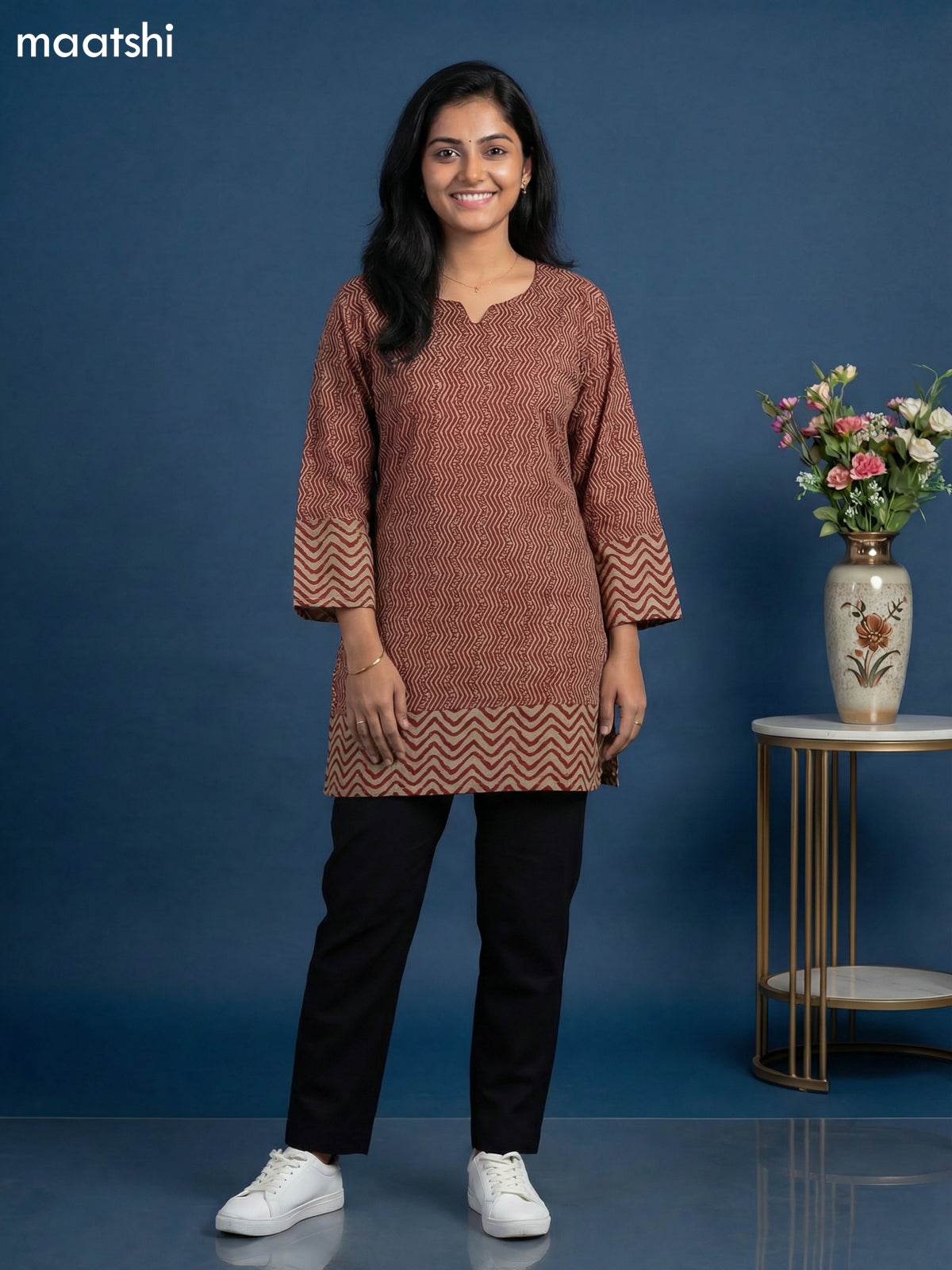 Beige and Maroon Cotton Printed & Simple Embroidery Work Short Kurti