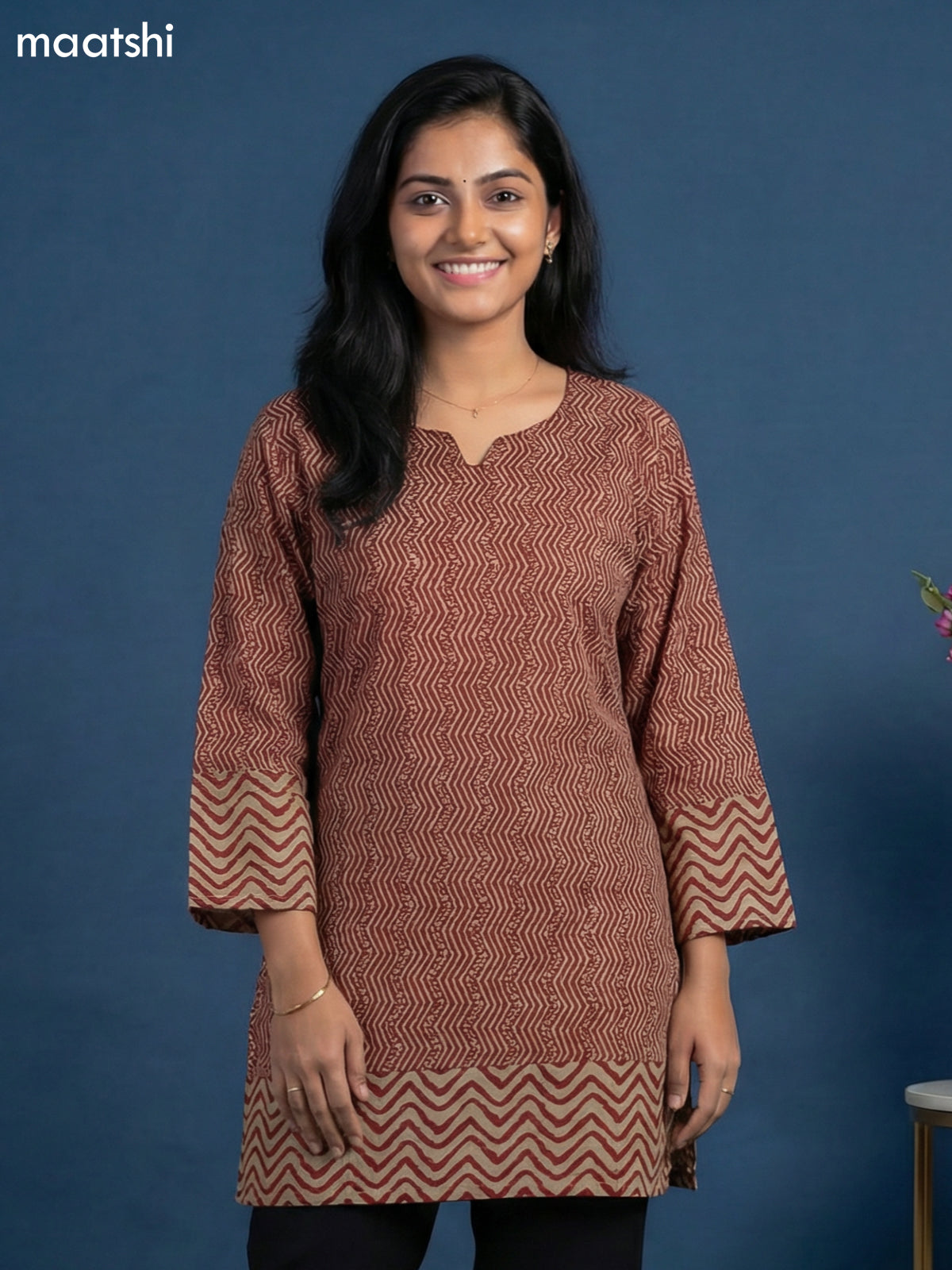 Beige and Maroon Cotton Printed & Simple Embroidery Work Short Kurti