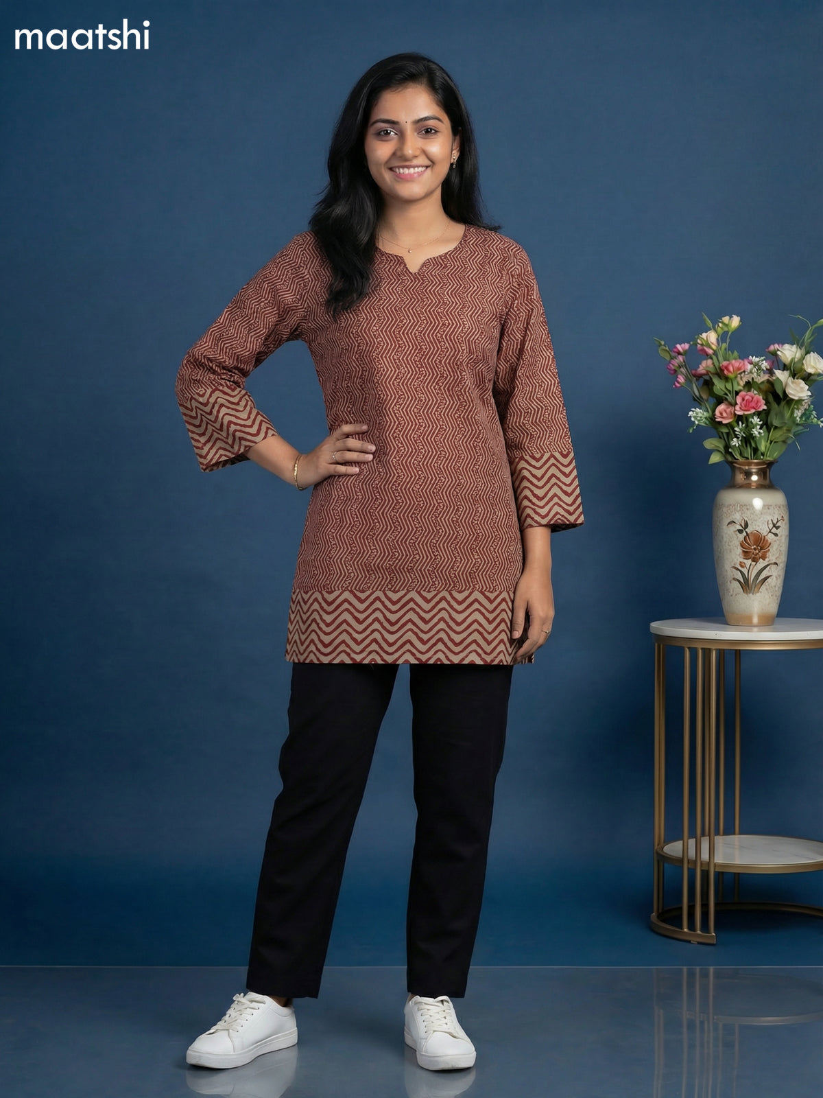 Beige and Maroon Cotton Printed & Simple Embroidery Work Short Kurti