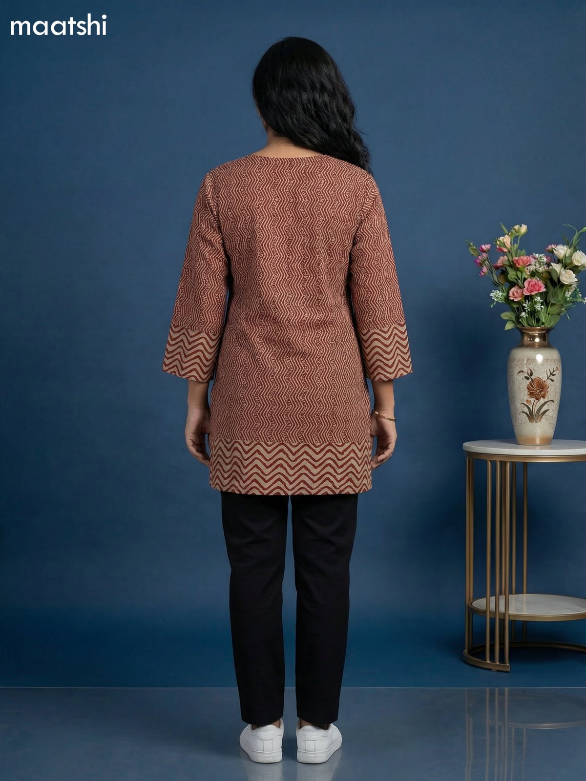 Beige and Maroon Cotton Printed & Simple Embroidery Work Short Kurti