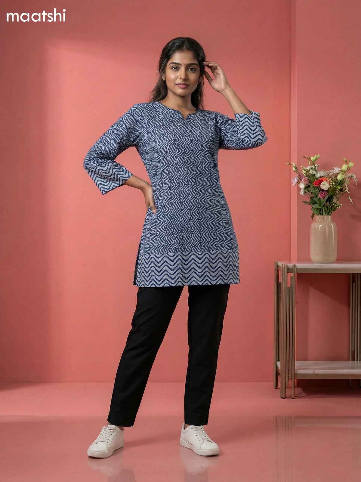 Pastel Blue and Blue Cotton Printed & Simple Embroidery Work Short Kurti