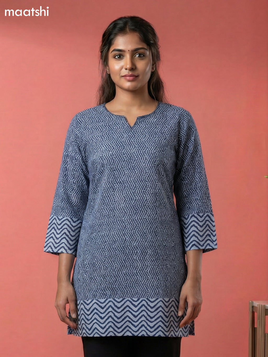 Pastel Blue and Blue Cotton Printed & Simple Embroidery Work Short Kurti