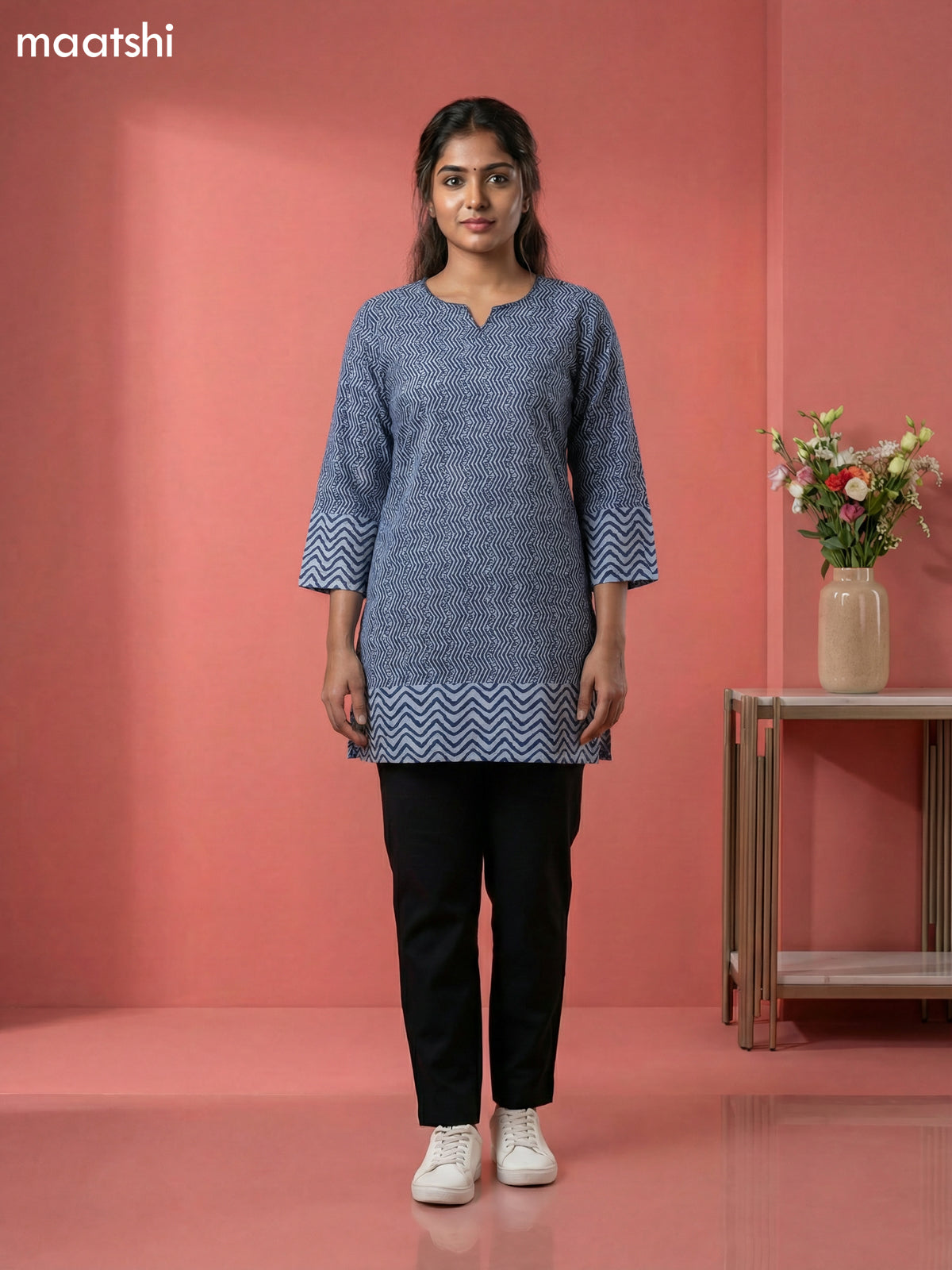 Pastel Blue and Blue Cotton Printed & Simple Embroidery Work Short Kurti