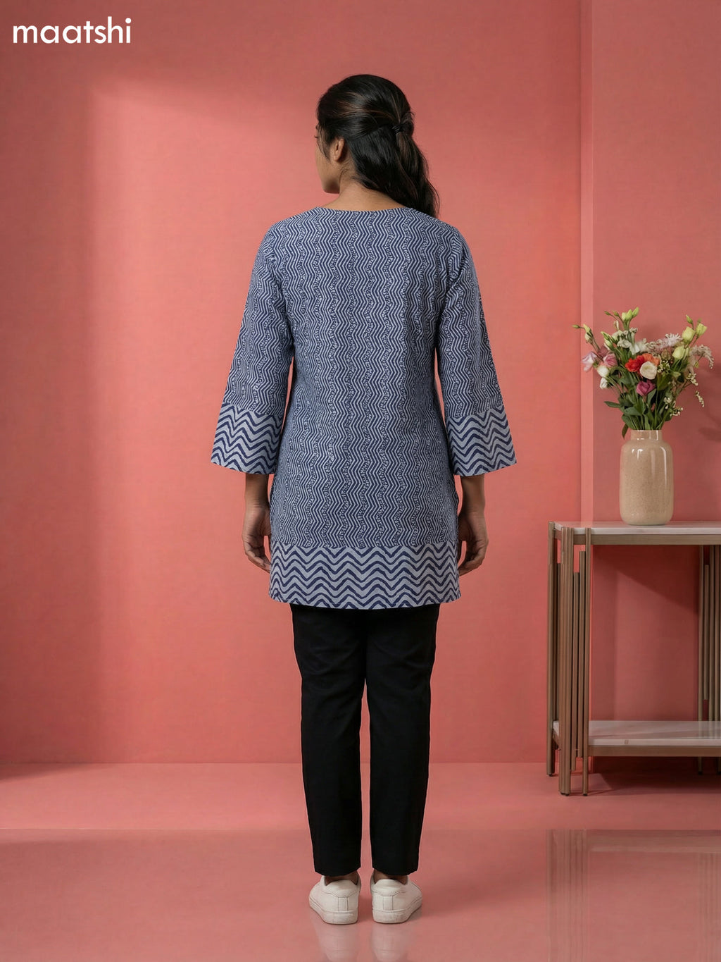 Pastel Blue and Blue Cotton Printed & Simple Embroidery Work Short Kurti