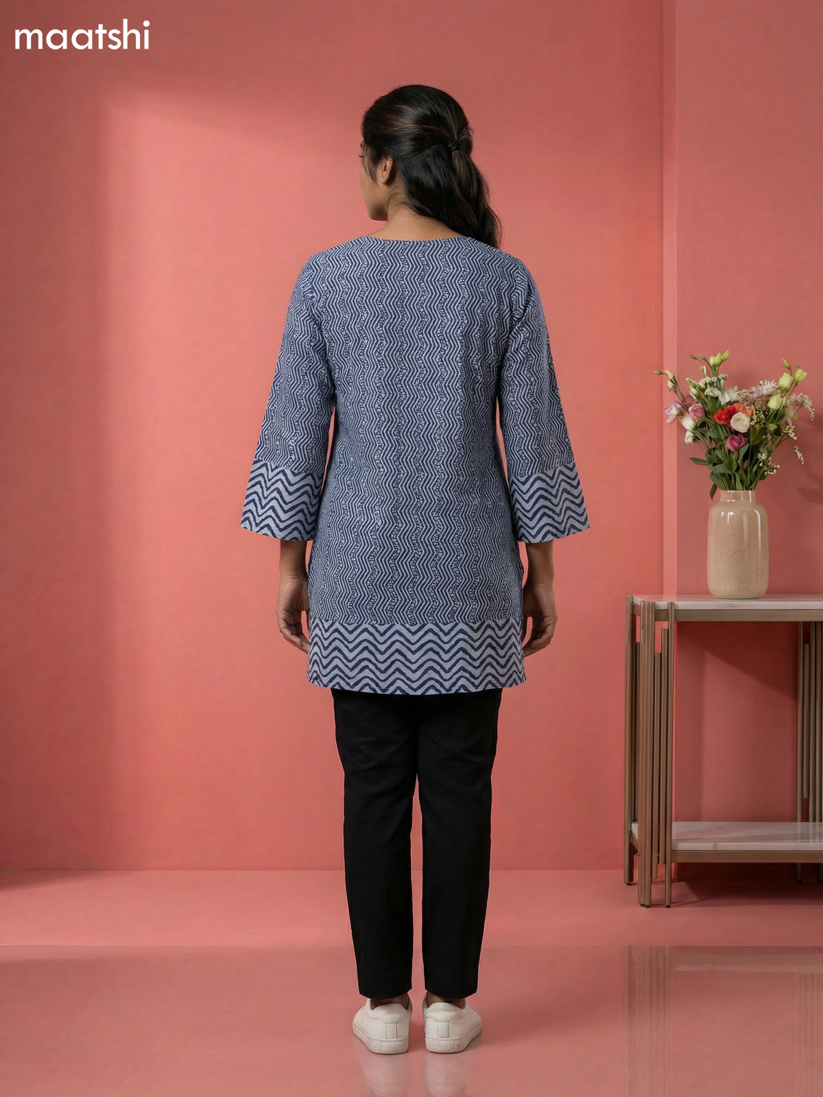 Pastel Blue and Blue Cotton Printed & Simple Embroidery Work Short Kurti