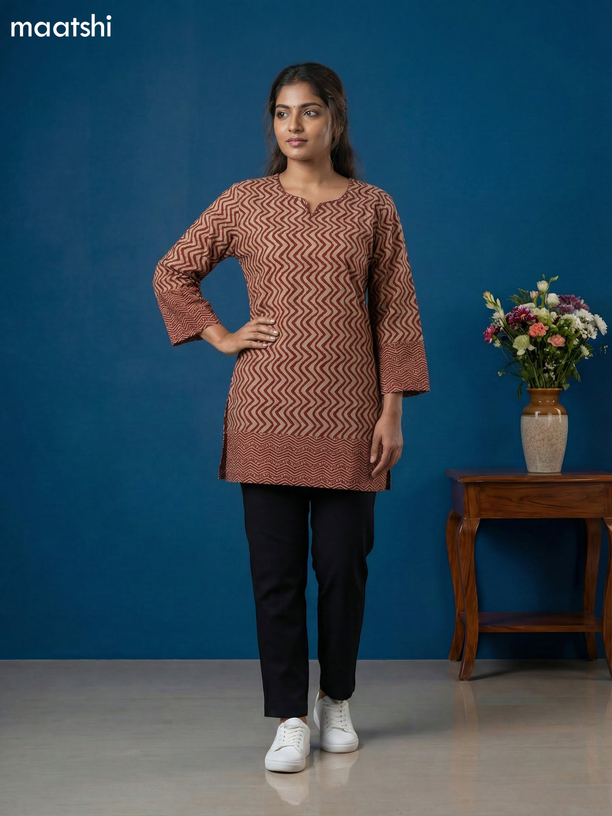 Beige and Maroon Cotton Printed & Simple Embroidery Work Short Kurti
