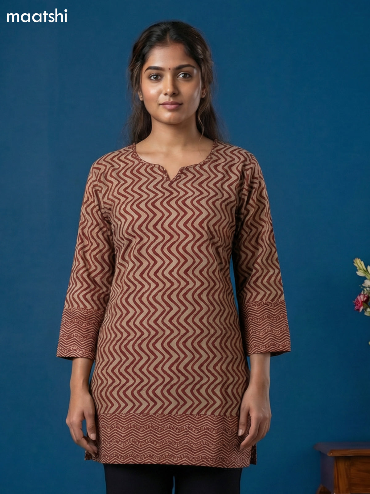 Beige and Maroon Cotton Printed & Simple Embroidery Work Short Kurti