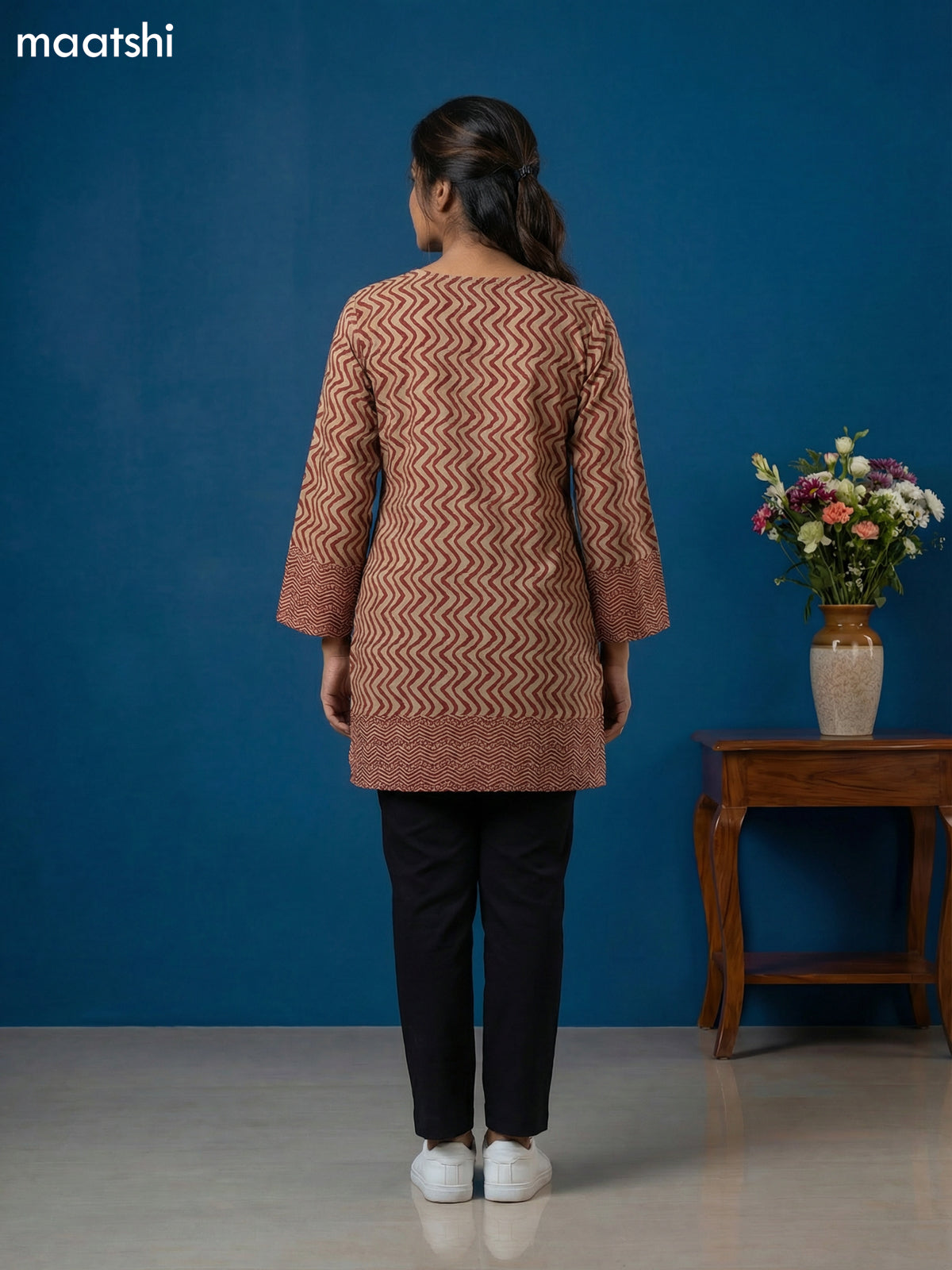 Beige and Maroon Cotton Printed & Simple Embroidery Work Short Kurti