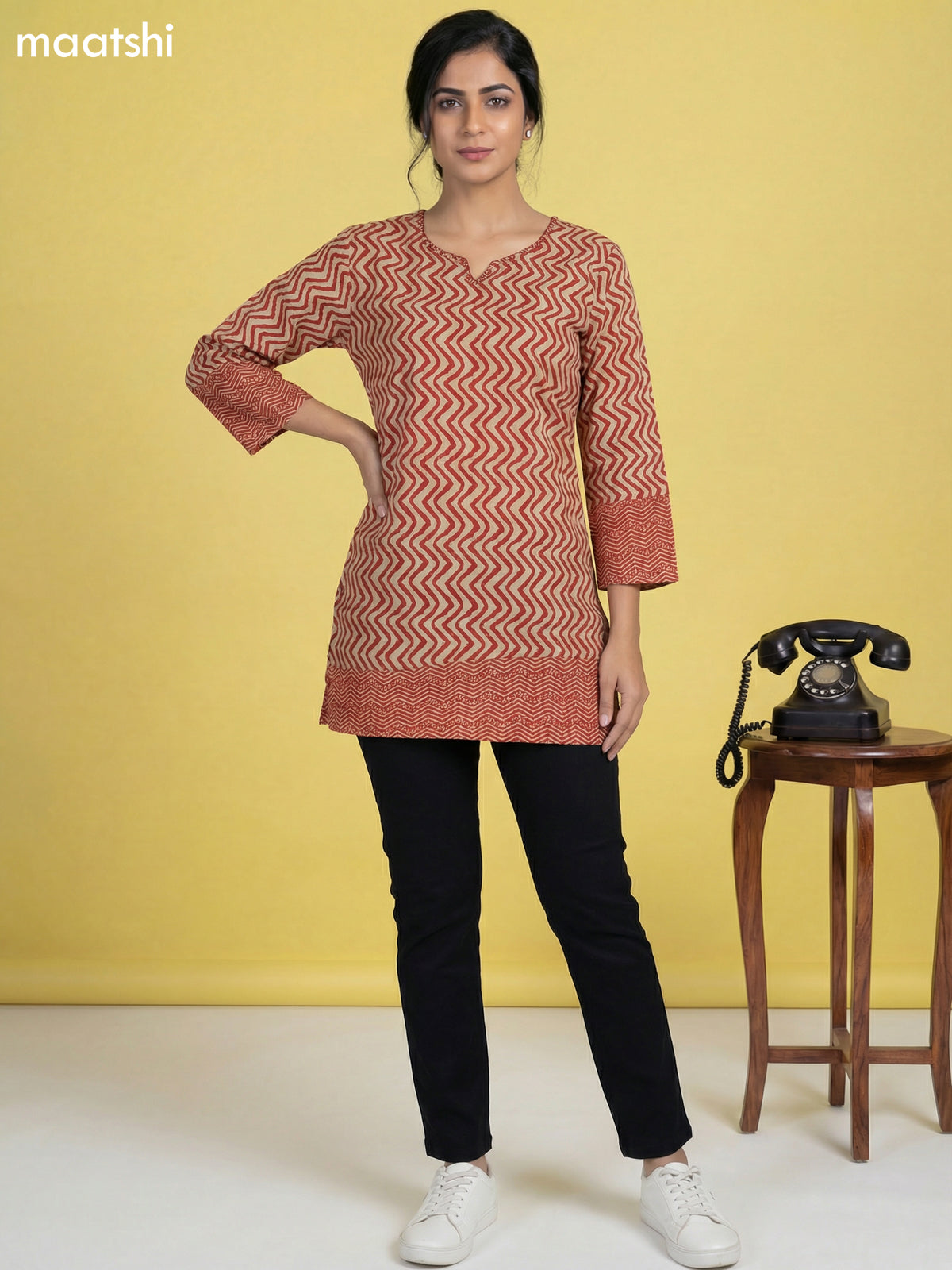 Beige and Red Cotton Printed & Simple Embroidery Work Short Kurti
