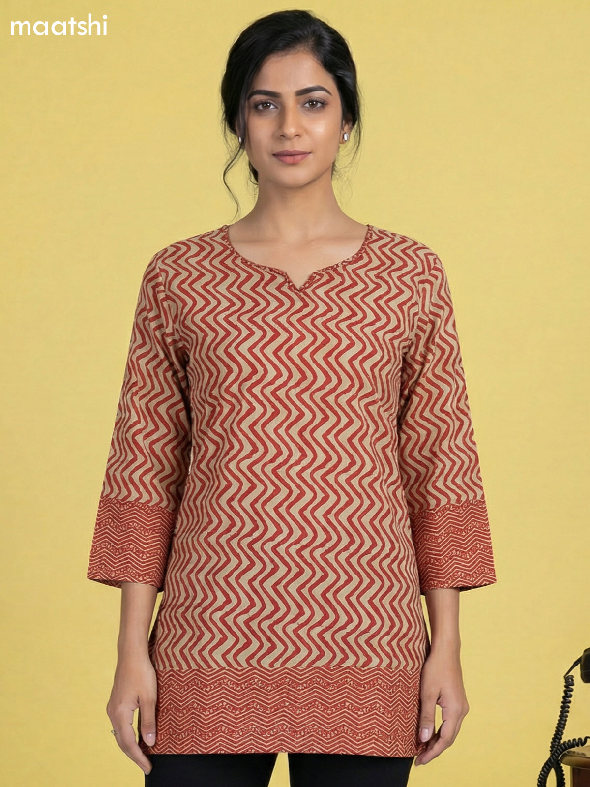 Beige and Red Cotton Printed & Simple Embroidery Work Short Kurti