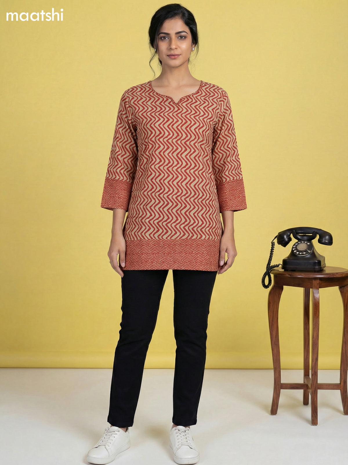 Beige and Red Cotton Printed & Simple Embroidery Work Short Kurti