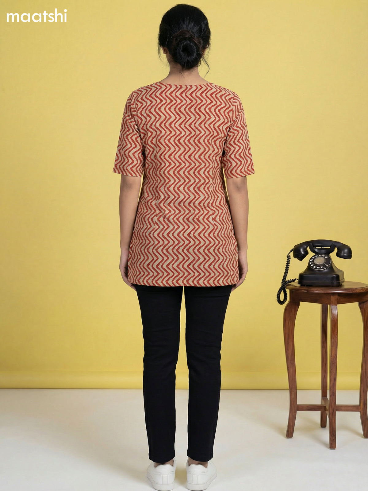 Beige and Red Cotton Printed & Simple Embroidery Work Short Kurti