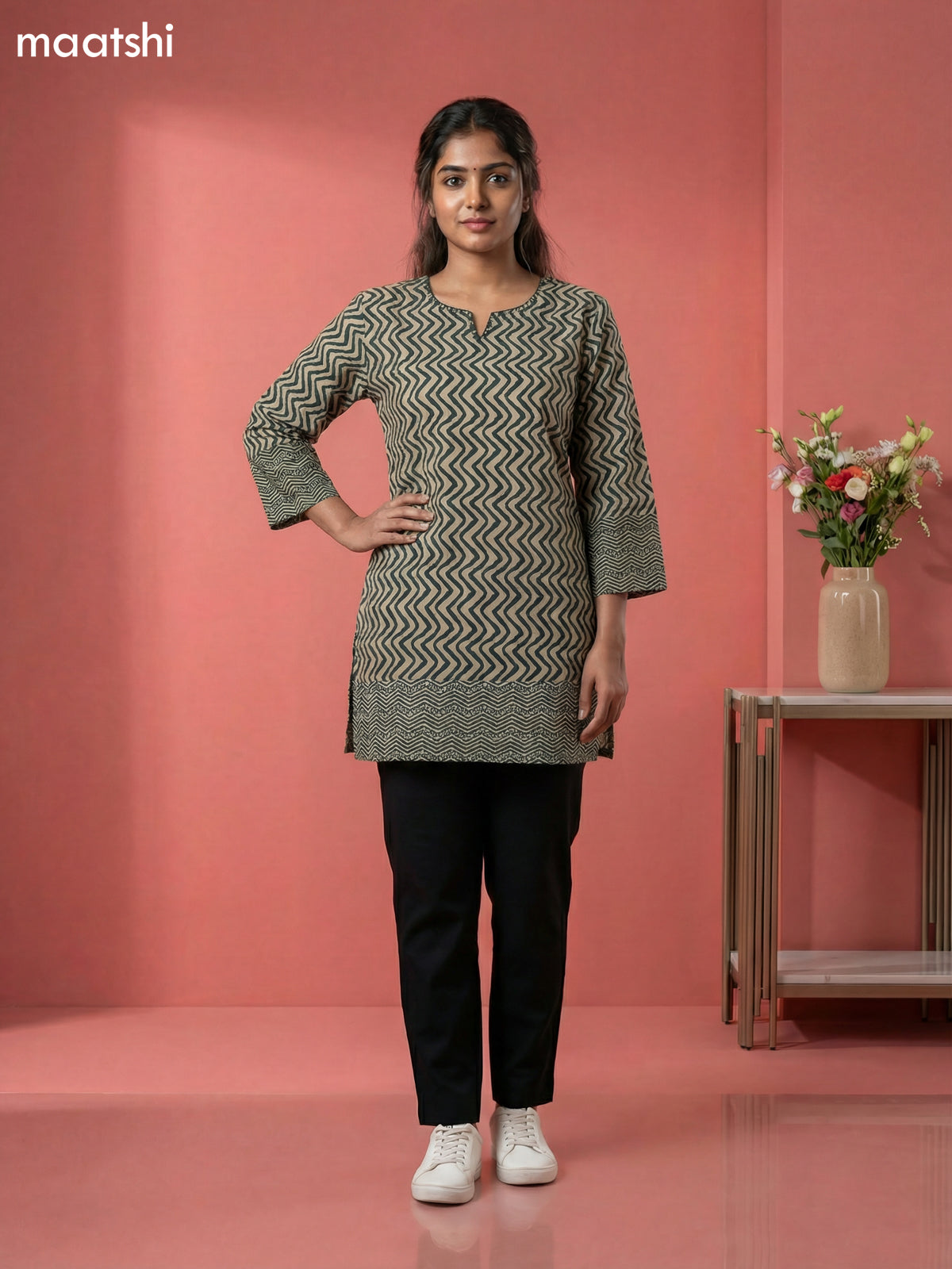 Beige and Green Cotton Printed & Simple Embroidery Work Short Kurti