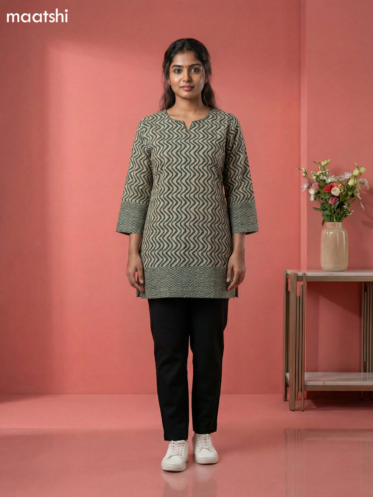 Beige and Green Cotton Printed & Simple Embroidery Work Short Kurti