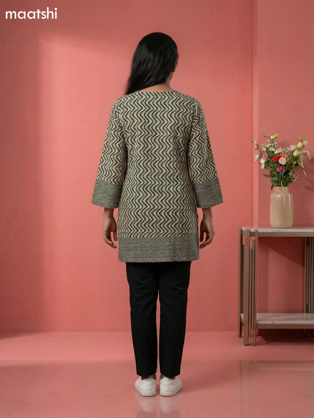 Beige and Green Cotton Printed & Simple Embroidery Work Short Kurti