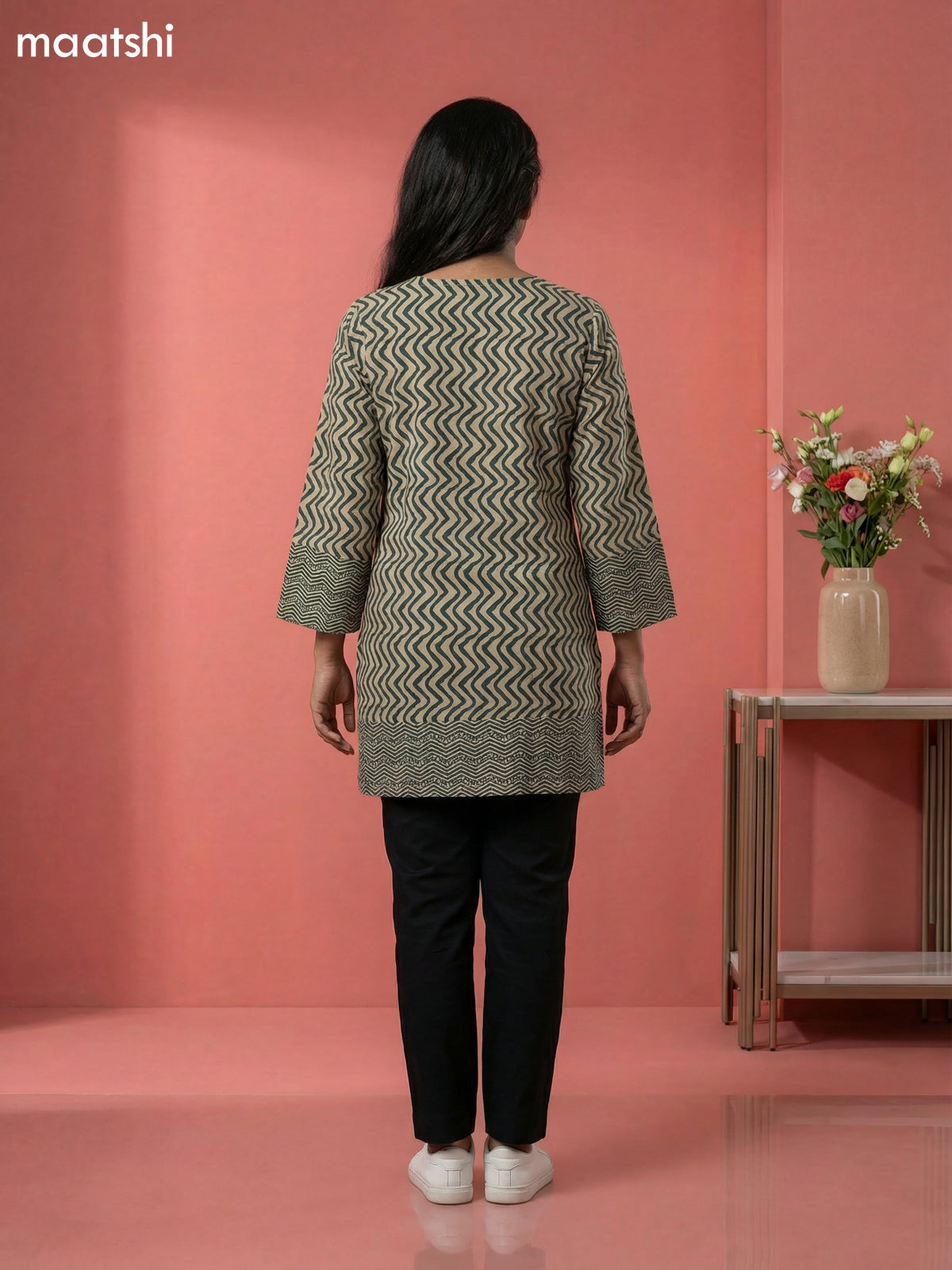 Beige and Green Cotton Printed & Simple Embroidery Work Short Kurti