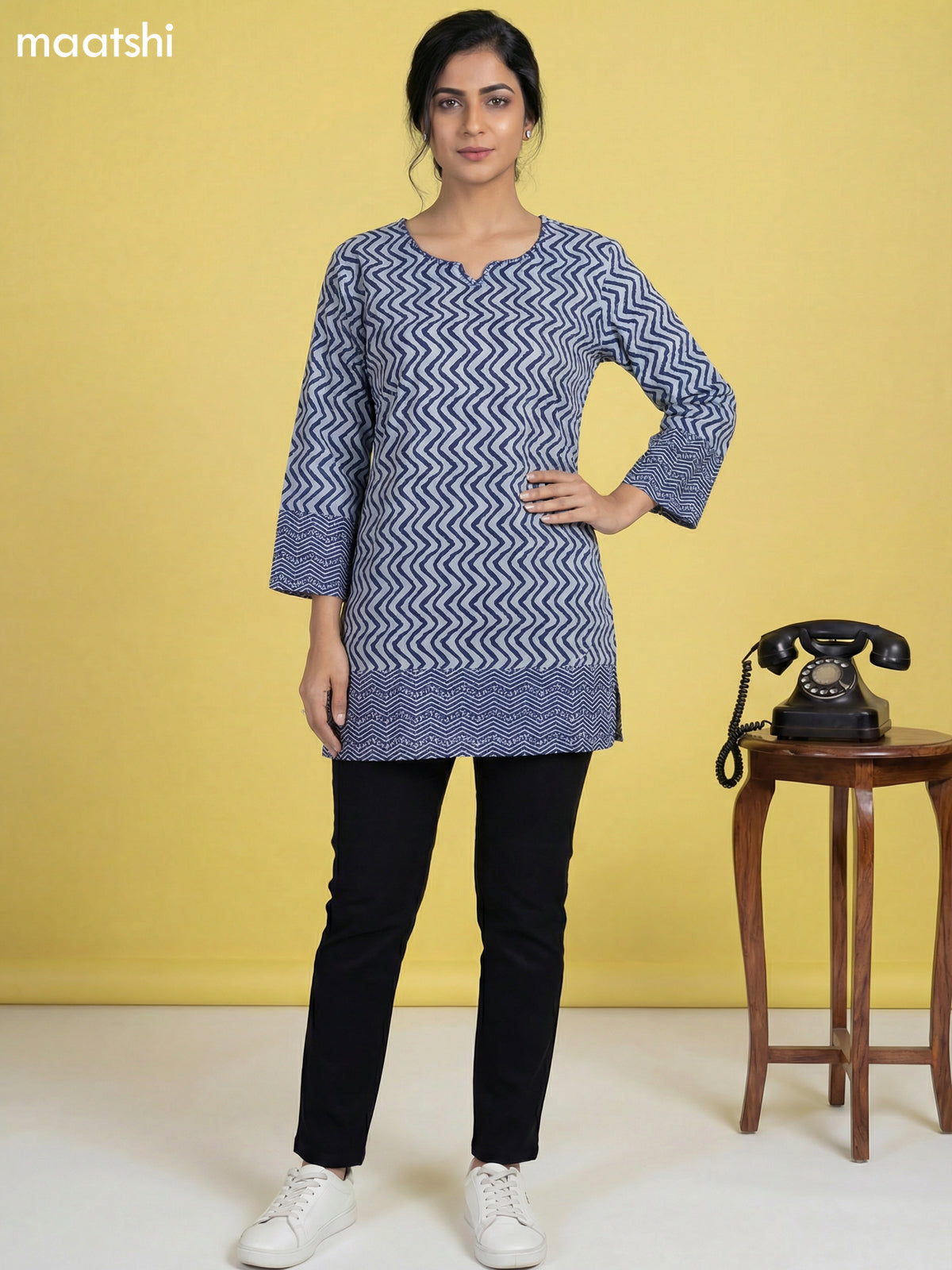 Pastel Blue and Blue Cotton Printed & Simple Embroidery Work Short Kurti