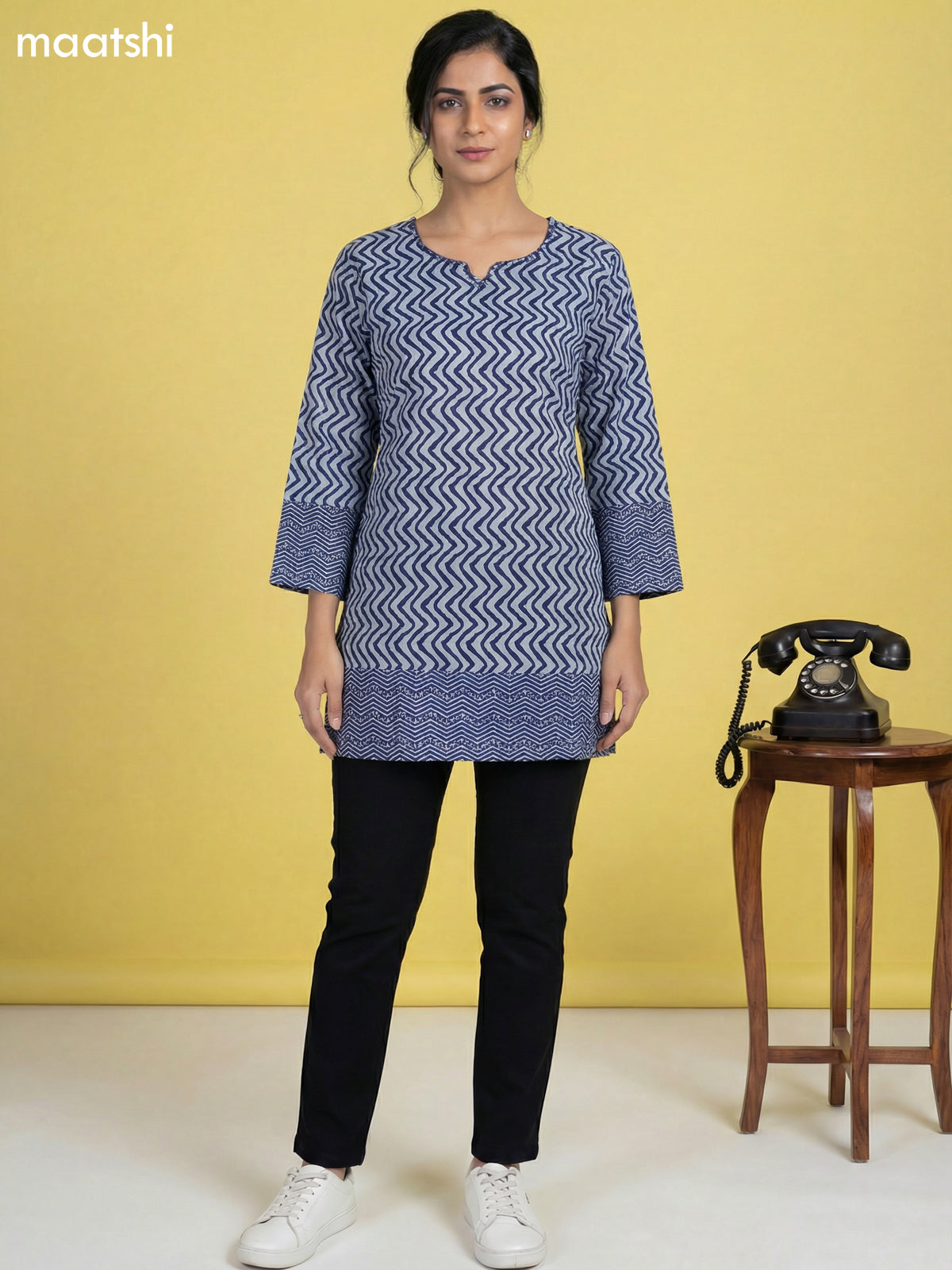 Pastel Blue and Blue Cotton Printed & Simple Embroidery Work Short Kurti