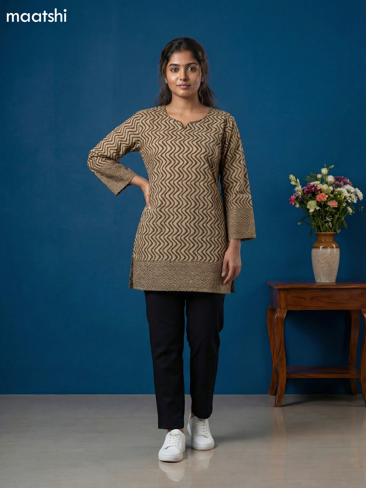 Beige and Brown Cotton Printed & Simple Embroidery Work Short Kurti