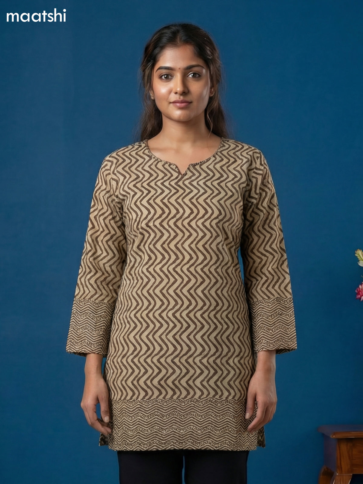 Beige and Brown Cotton Printed & Simple Embroidery Work Short Kurti